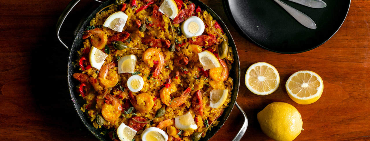 LEMON, CHORIZO AND SHRIMP PAELLA