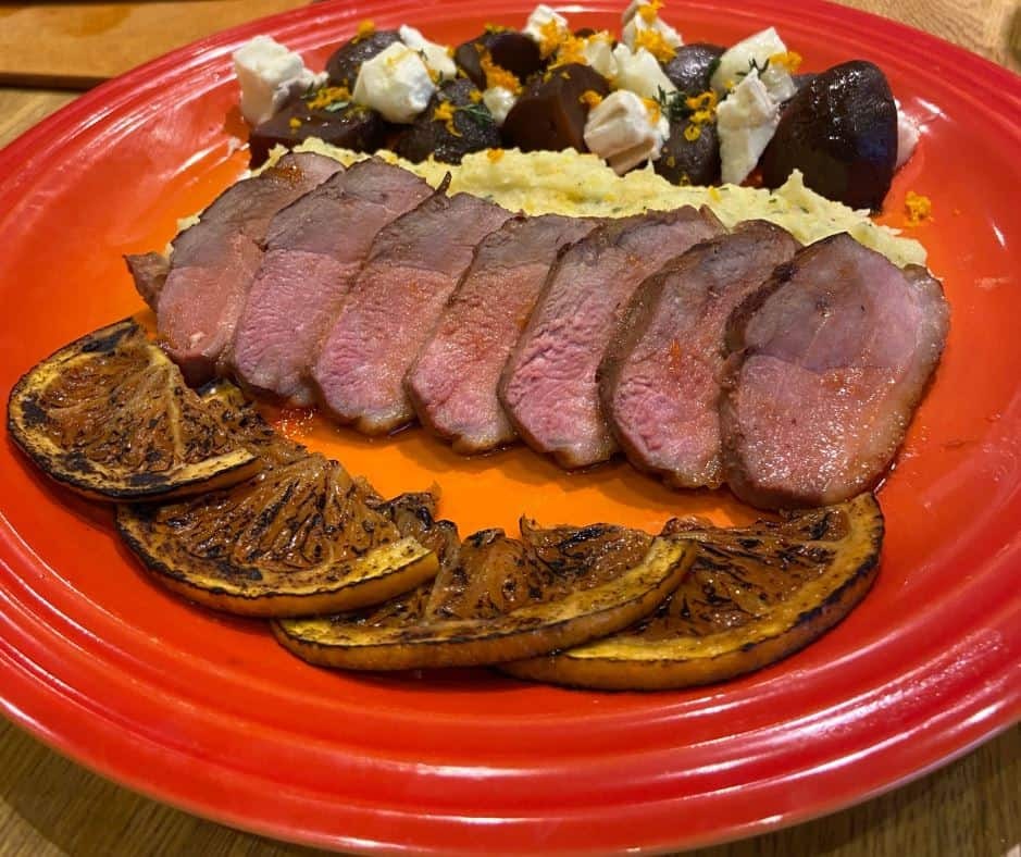 DUCK À L’ORANGE WITH CITRUS, MASHED POTATOES AND BEETS