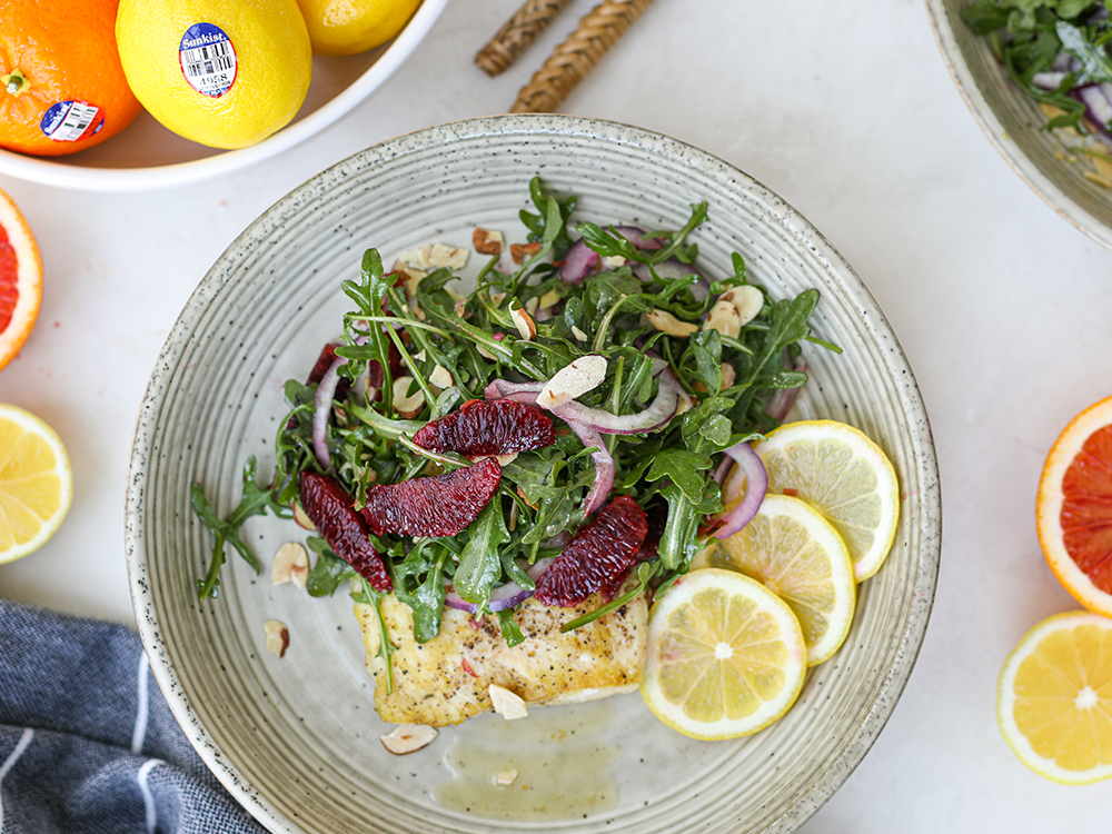 Halibut w/ White Wine Sunkist® Lemon Butter Sauce and Sunkist® Blood Orange Salad