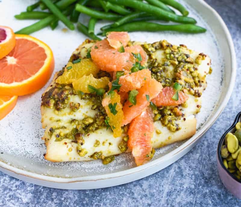 Pistachio-Crusted Halibut with Citrus Salsa