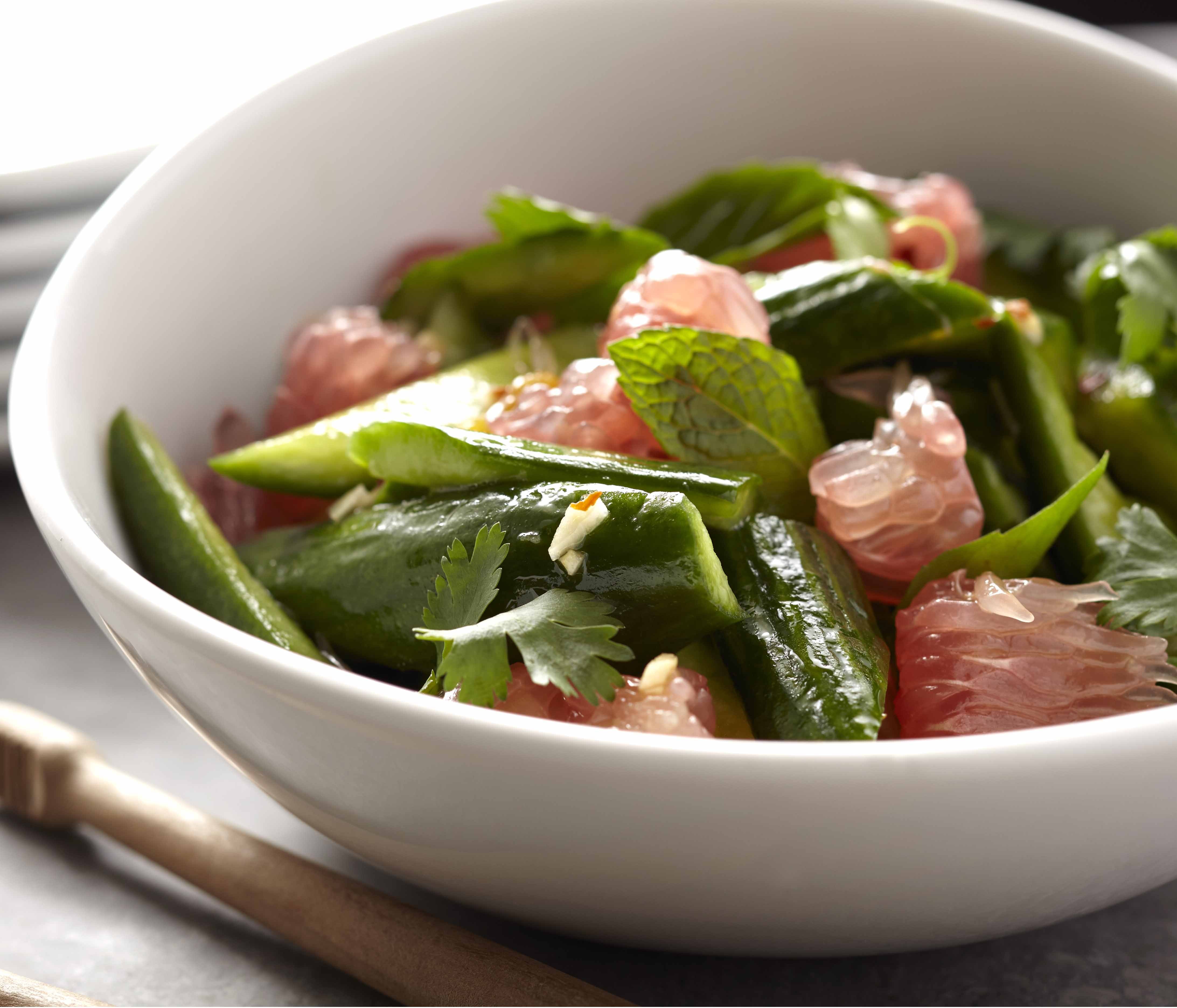 Smashed Cucumber Salad with Pummelo and Thai Herbs