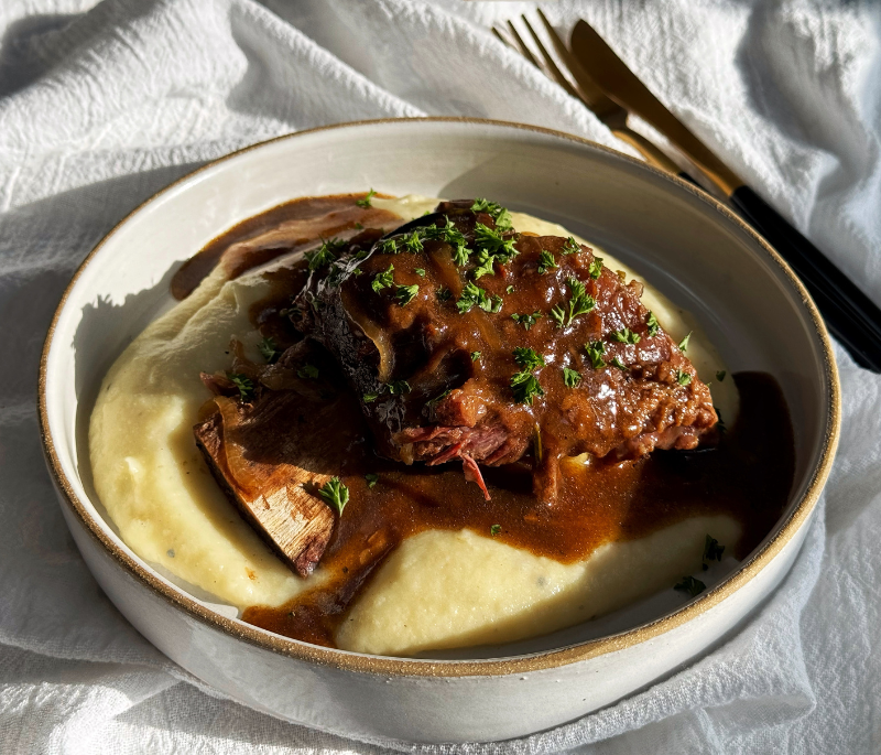 Balsamic Blood Orange Braised Short Ribs with Cauliflower Potato Mash