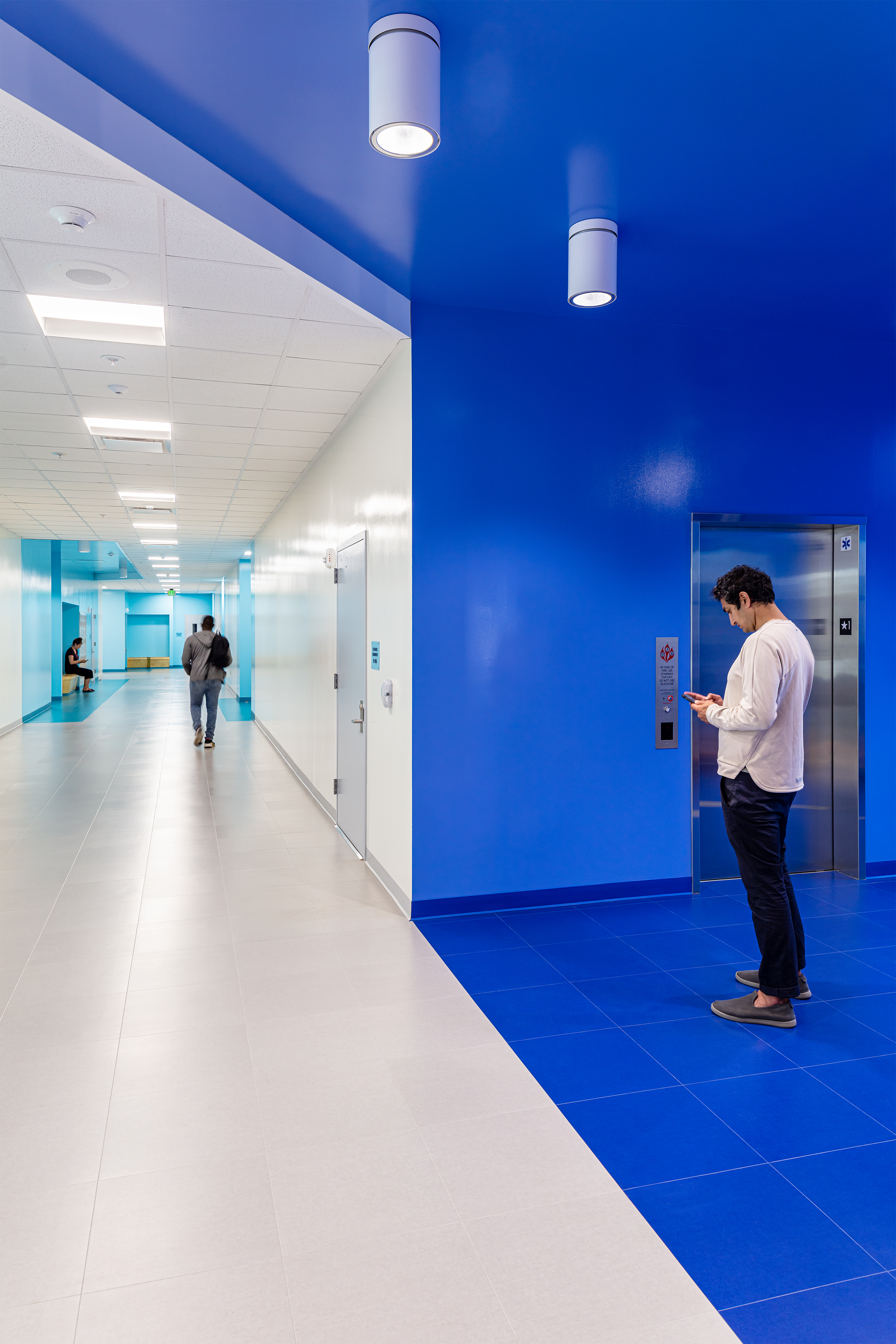 Interior of the school building, with accents of blue creating a stark contrast with the white surfaces.