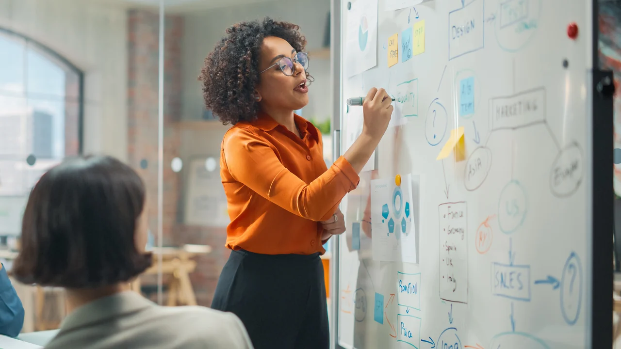 COFOMO – Centers of excellence in digital transformation and business intelligence – Woman conceptualizing a digital transformation on a whiteboard.