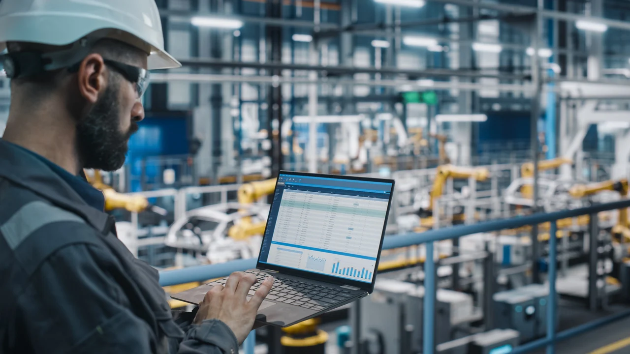 COFOMO – Specialized firm in digital transformation and artificial intelligence for the manufacturing industry – Man consulting a laptop to monitor factory performance.