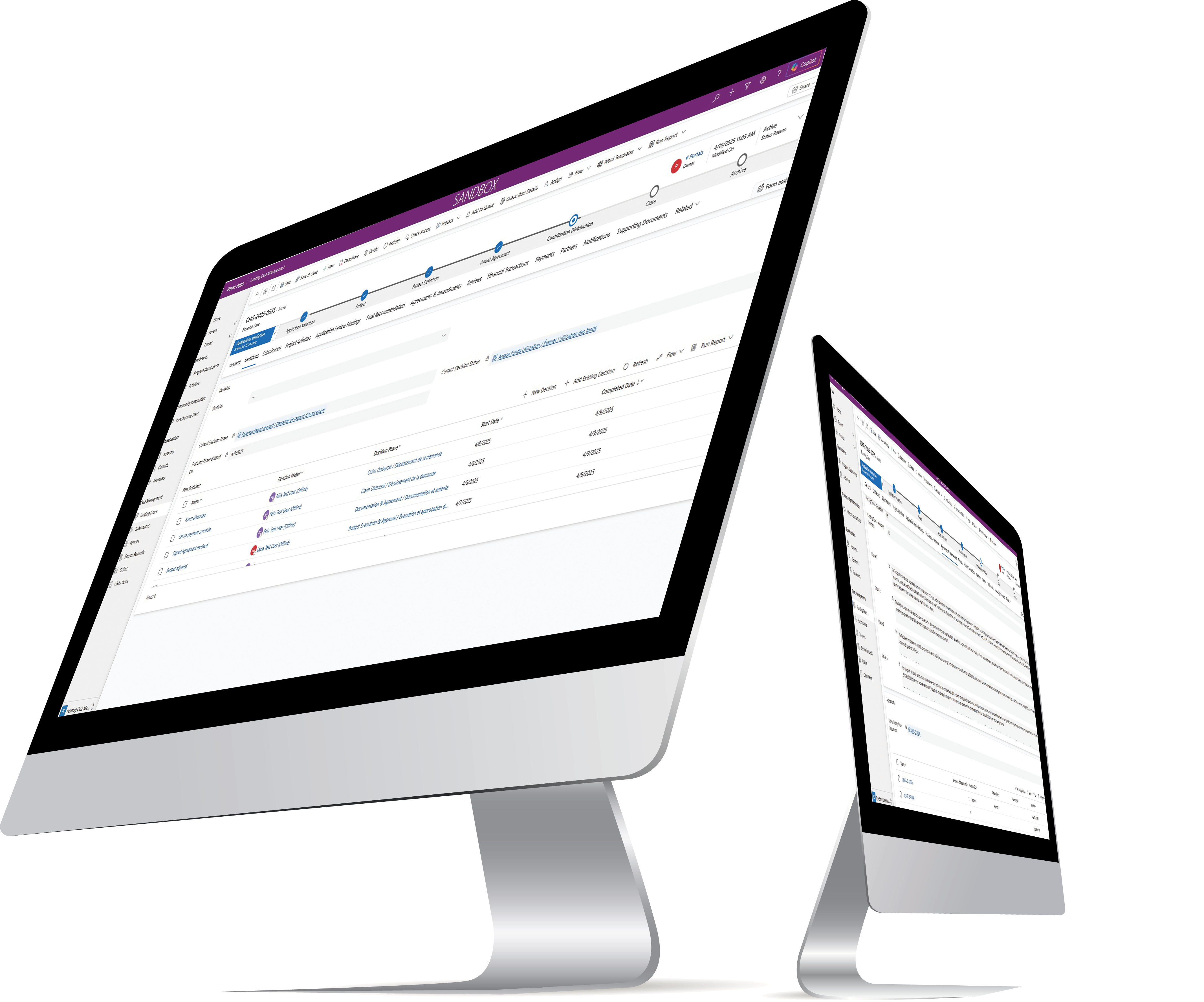 Écrans montrant un tableau de bord de la plateforme Grant+ à l’étape de suivi.