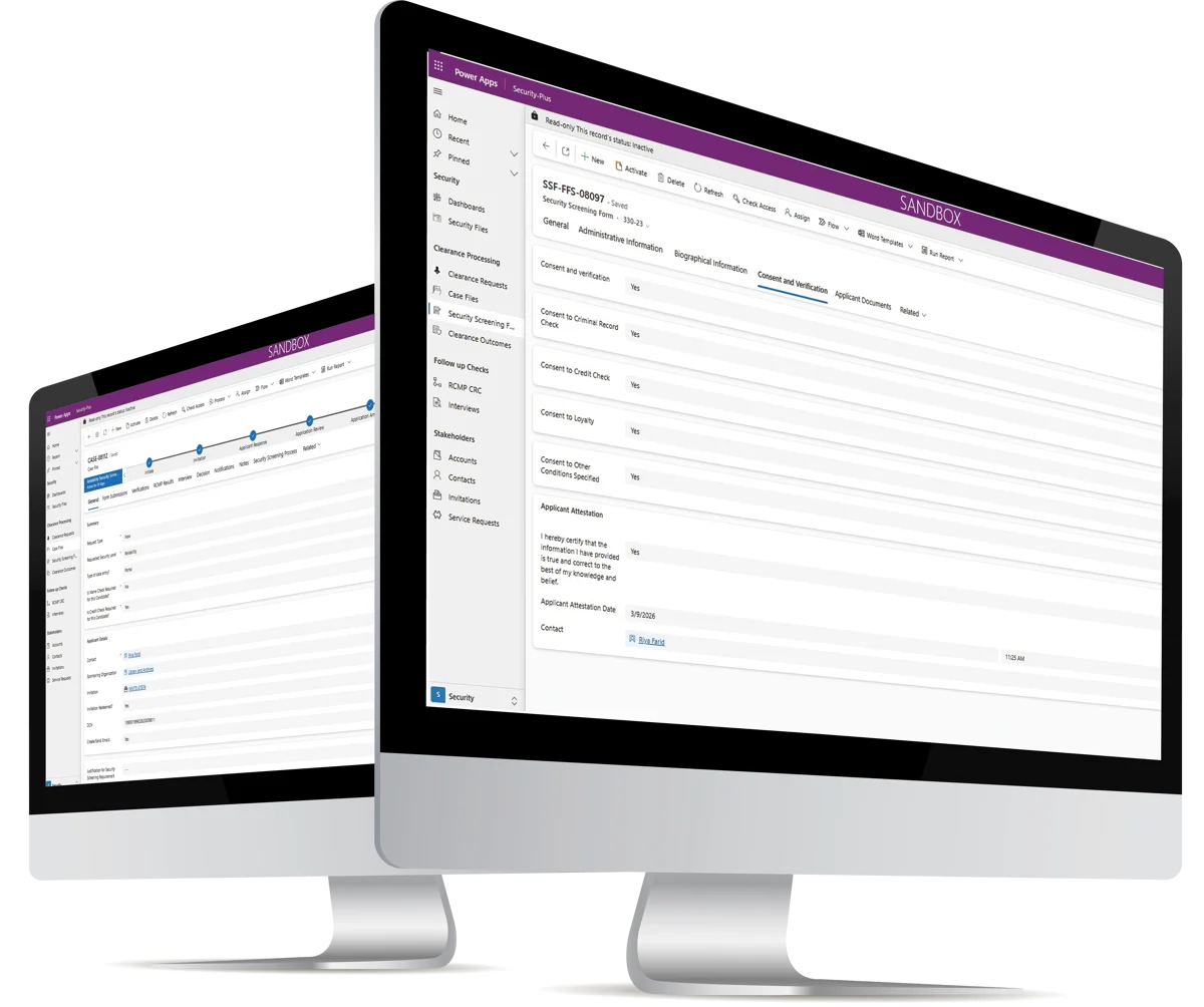 Screens displaying a screening form validation on the Security+ platform