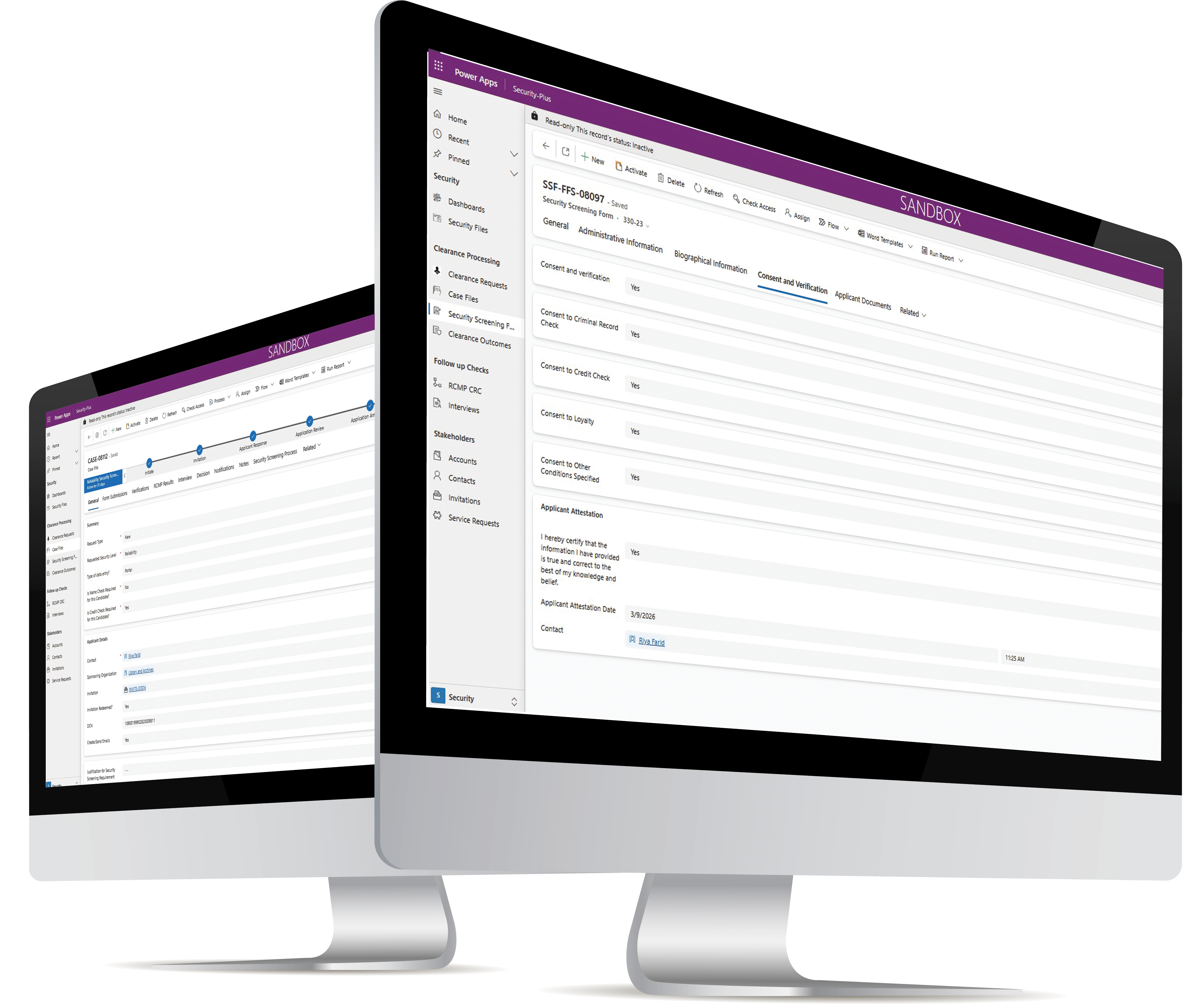 Screens displaying a screening form validation on the Security+ platform