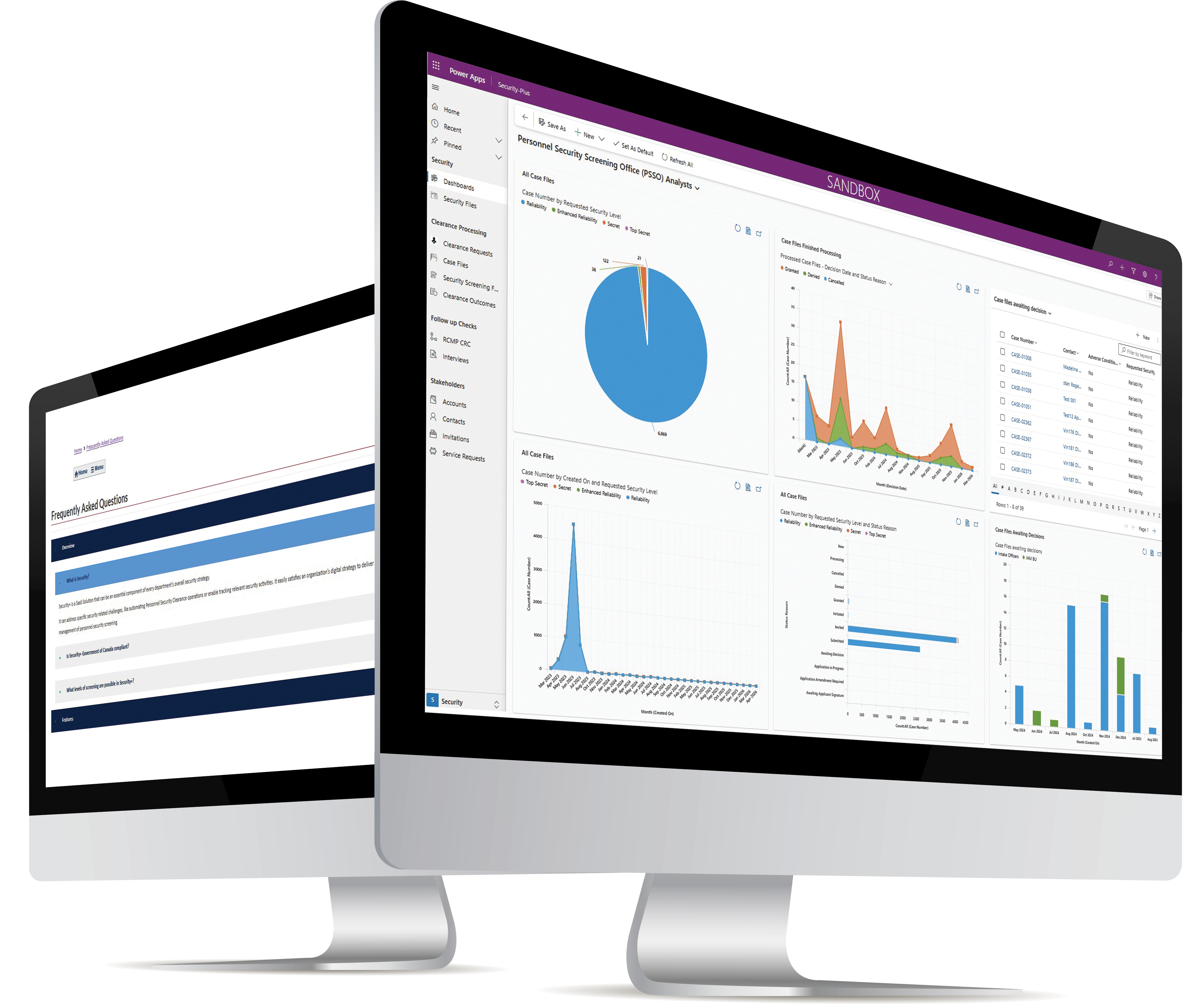 Écrans affichant un tableau de bord de la plateforme Security+.