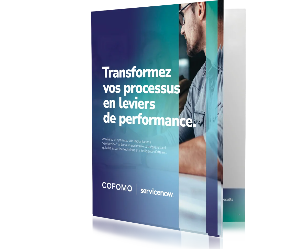 Visuel 3D du ebook français préparé par les experts en transformation numérique de COFOMO pour présenter la solution infonuagique ServiceNow.