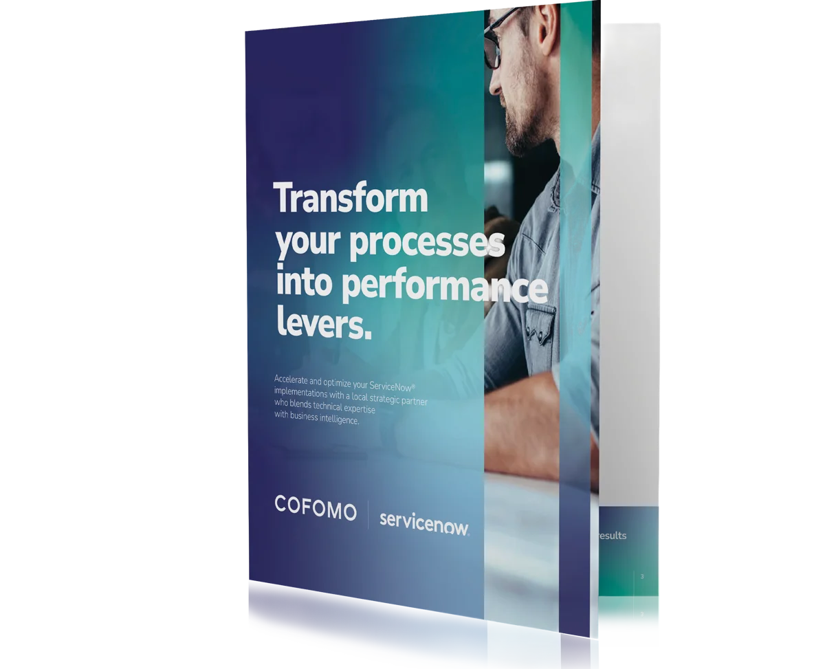 3D visual of the English eBook prepared by COFOMO digital transformation experts to present the ServiceNow cloud solution.