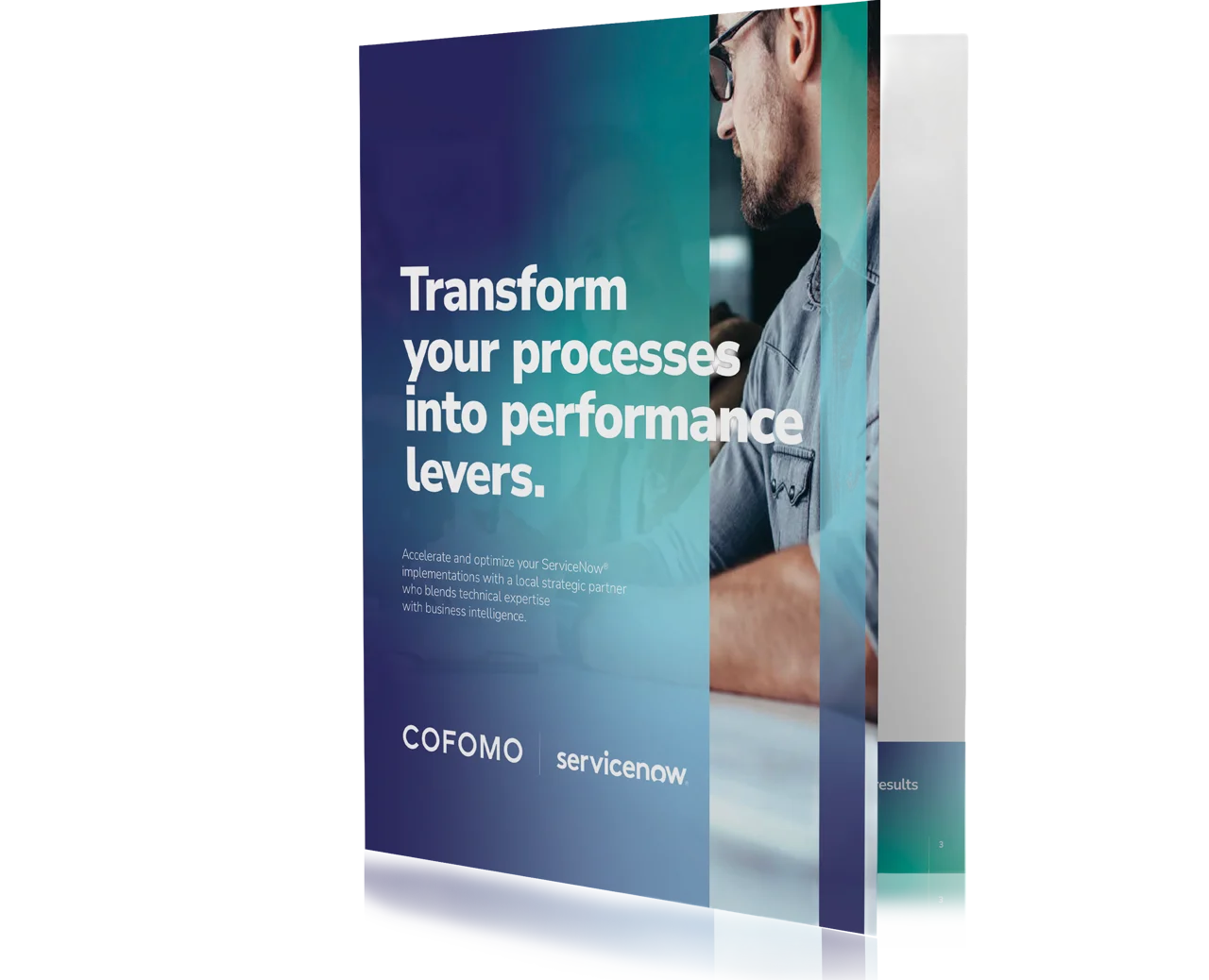 3D visual of the English eBook prepared by COFOMO digital transformation experts to present the ServiceNow cloud solution.
