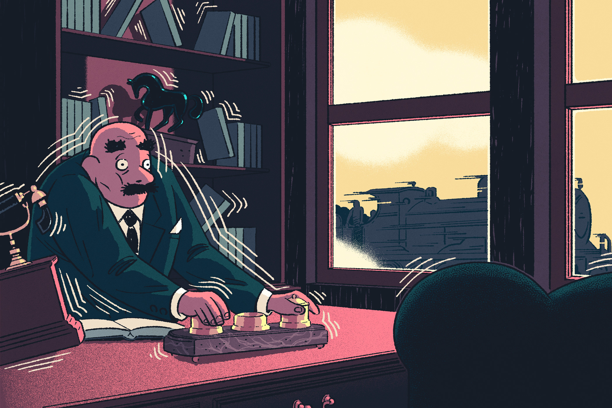 Gilded age bureaucrat holding items on his desk as train passes outside window
