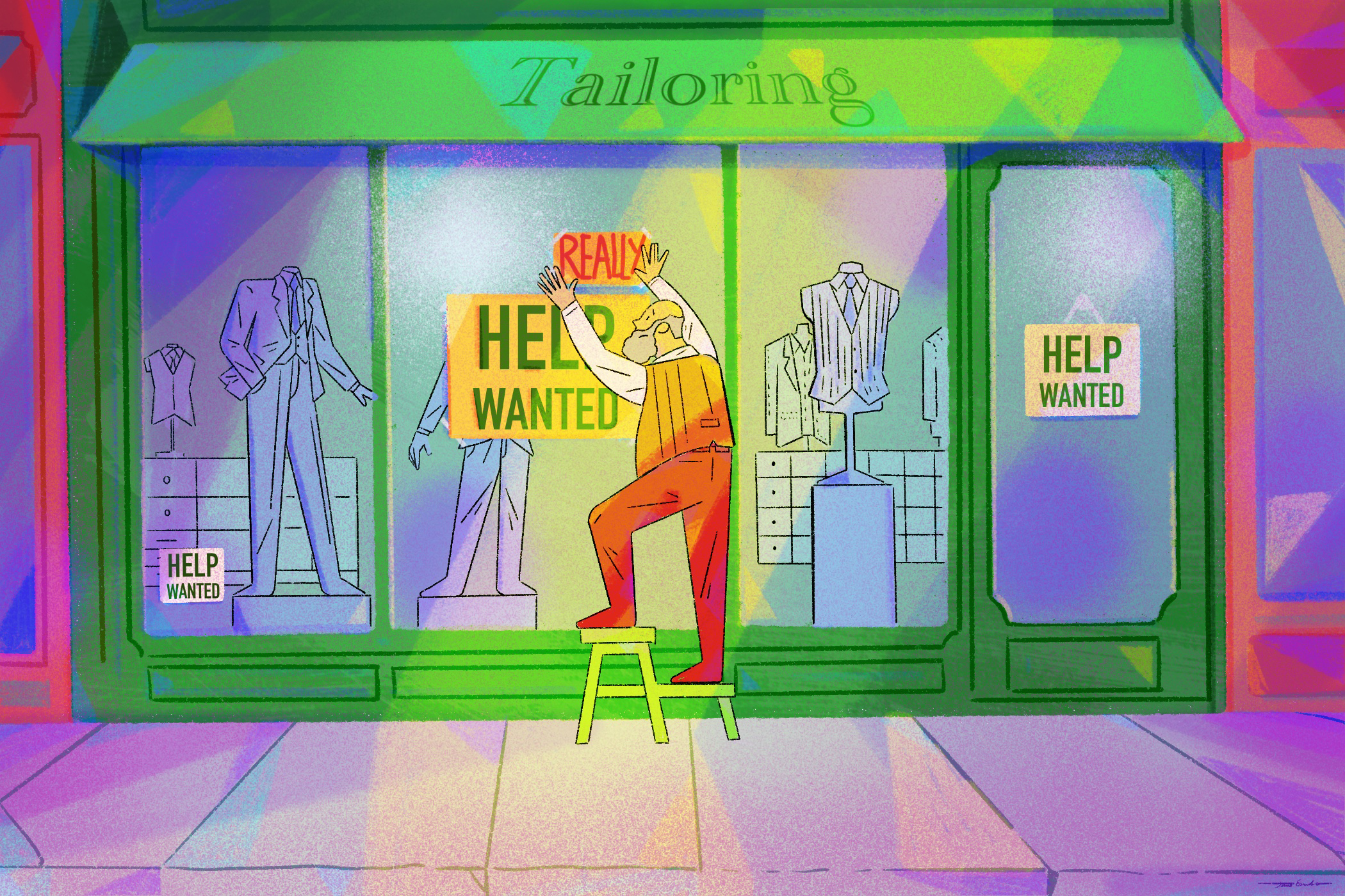 Illustration of a shopkeeper hanging several Help Wanted signs in their shop window
