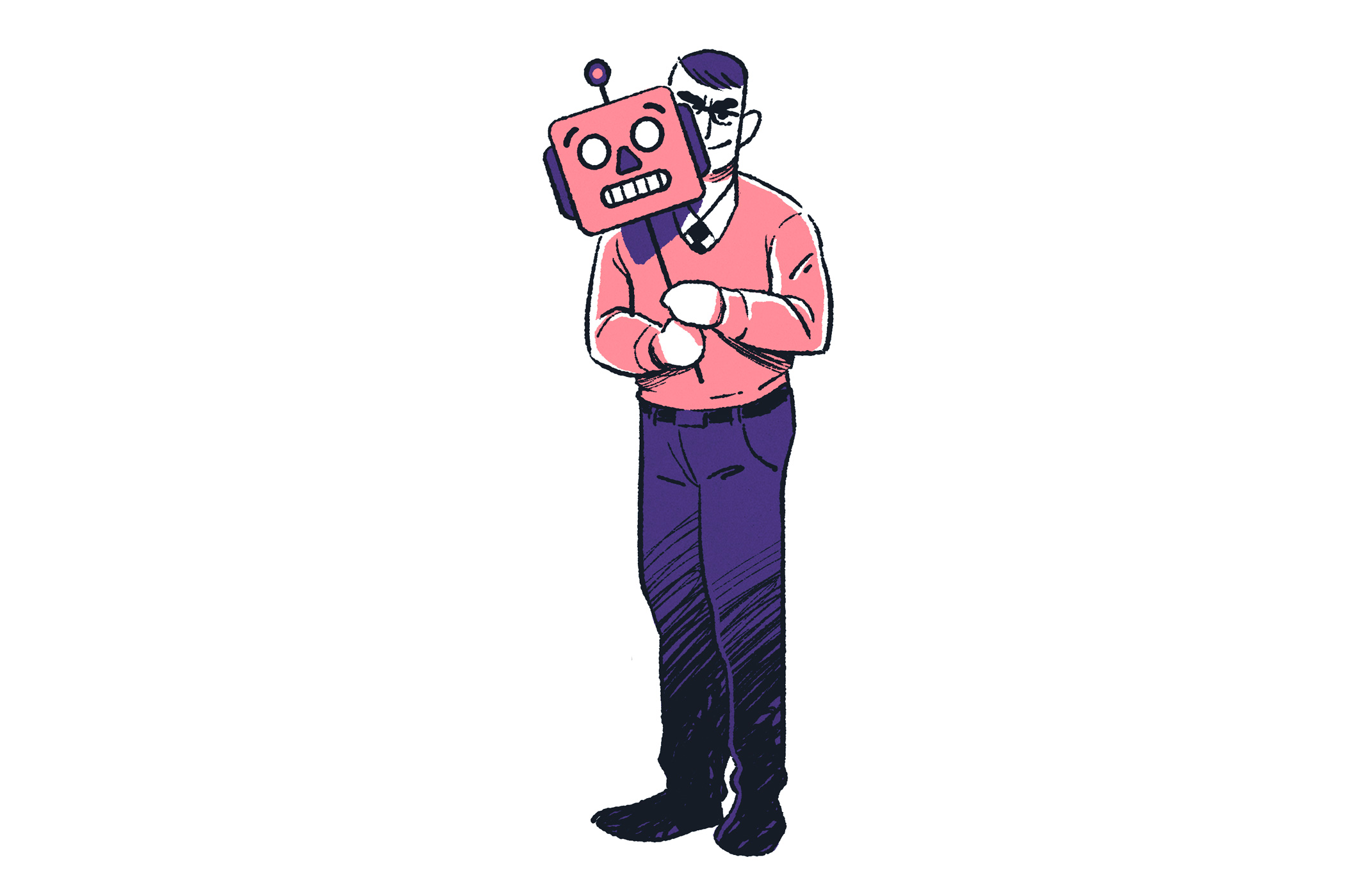 illustration of a man holding a robot mask