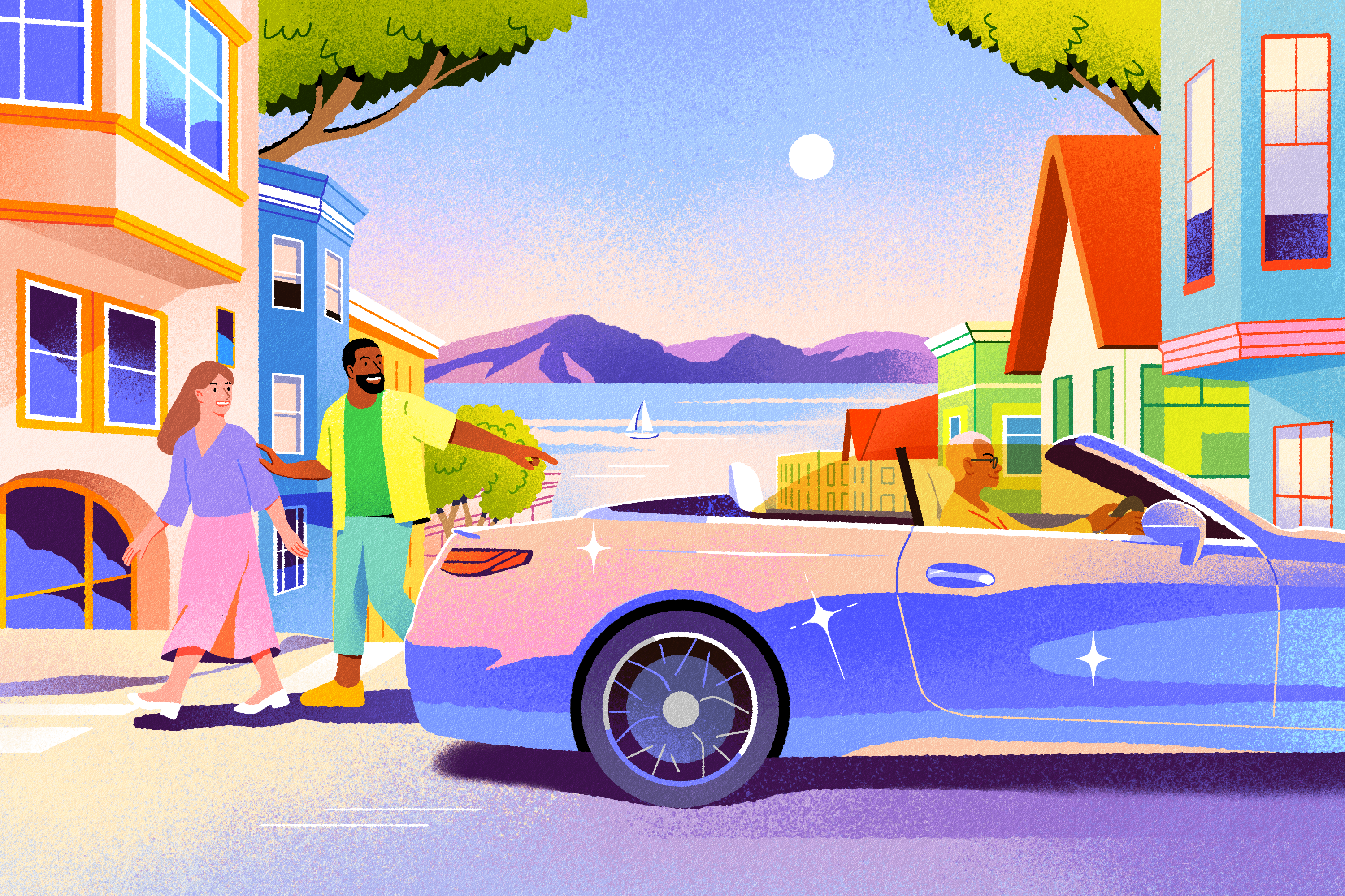 illustration of a street scene where a person in a luxury convertible car drives past as two pedestrians take note of the car