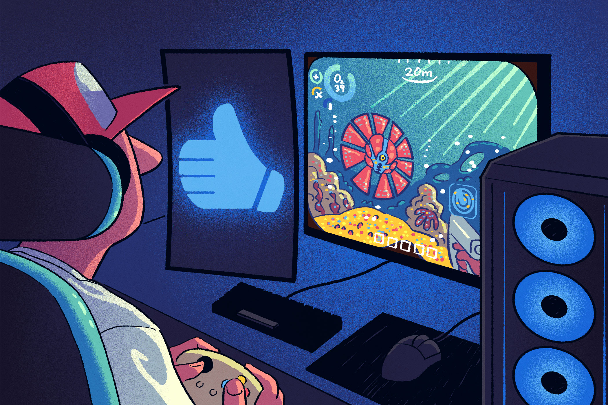 Illustration of a gamer in their lair rating a video game.