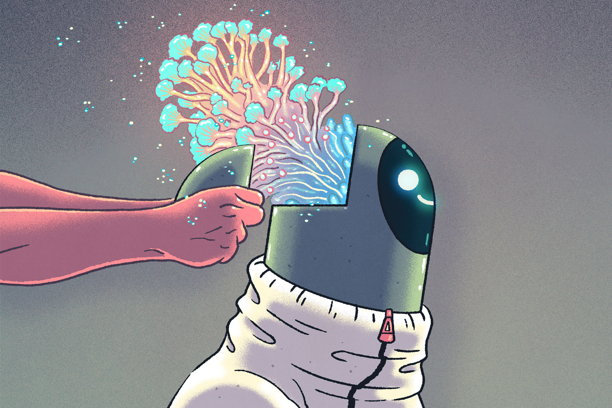 illustration of a small robot having it's top removed, with circuitry expanding from the open top.