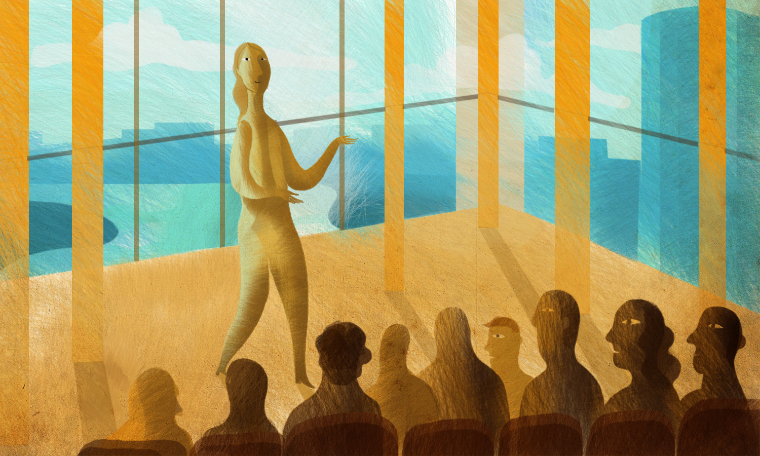 illustration of a CEO presenting to a group of spectators in a windowed ballroom.