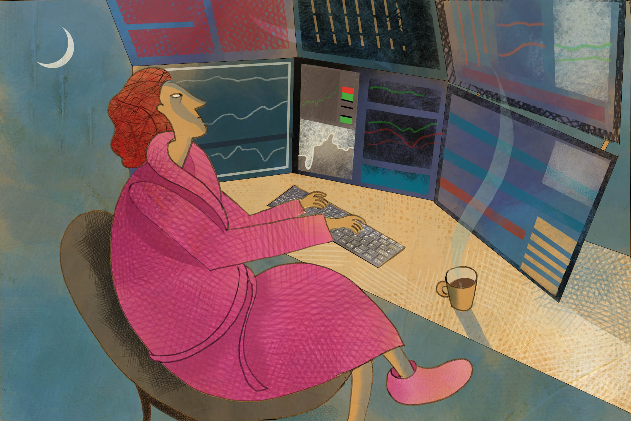 woman in bathrobe at night seated at trading desk with multiple monitors.