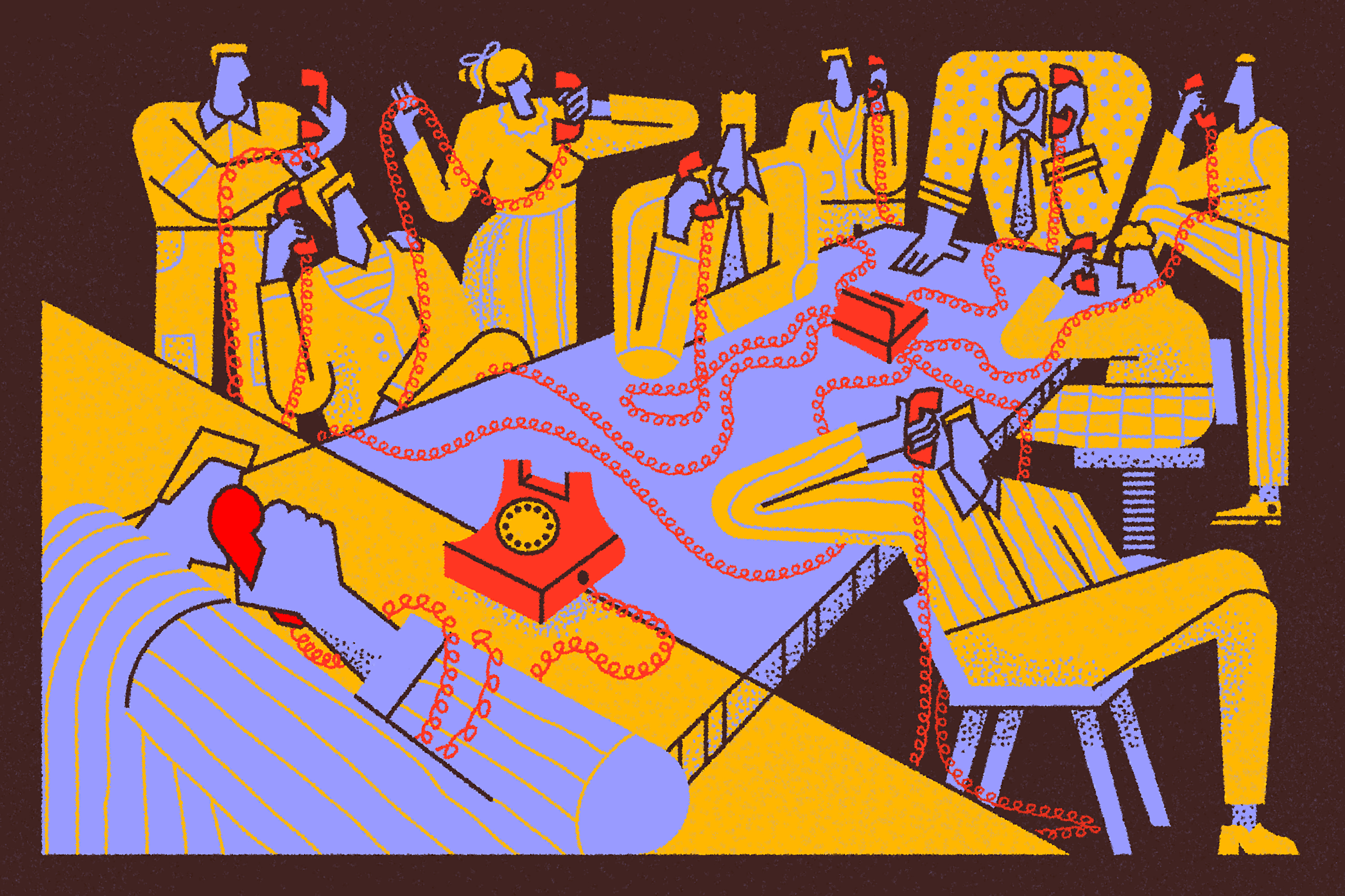 illustration of hostage negotiators seated around a table talking on landline telephones