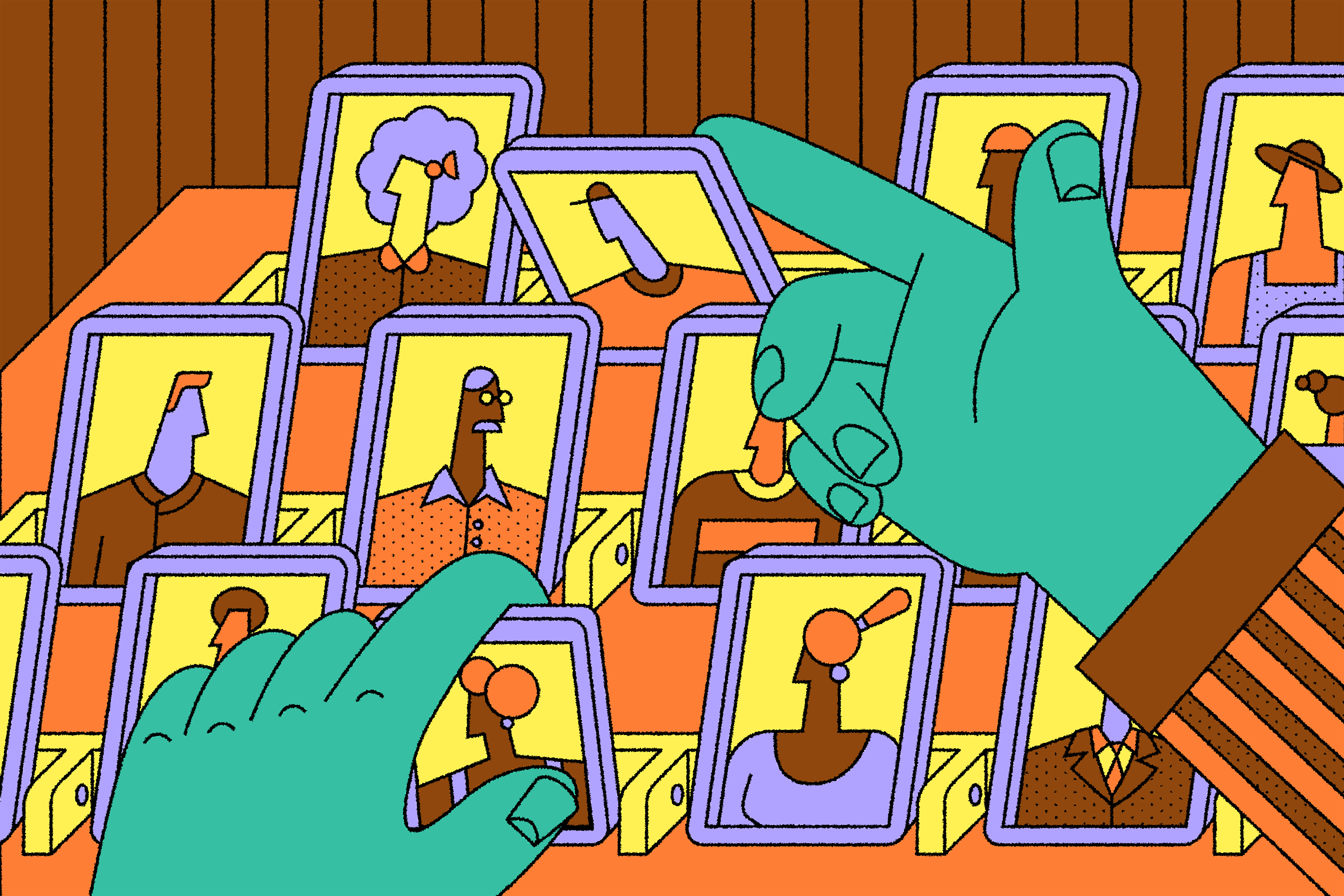 illustration of a person flipping Guess Who tiles on a board.