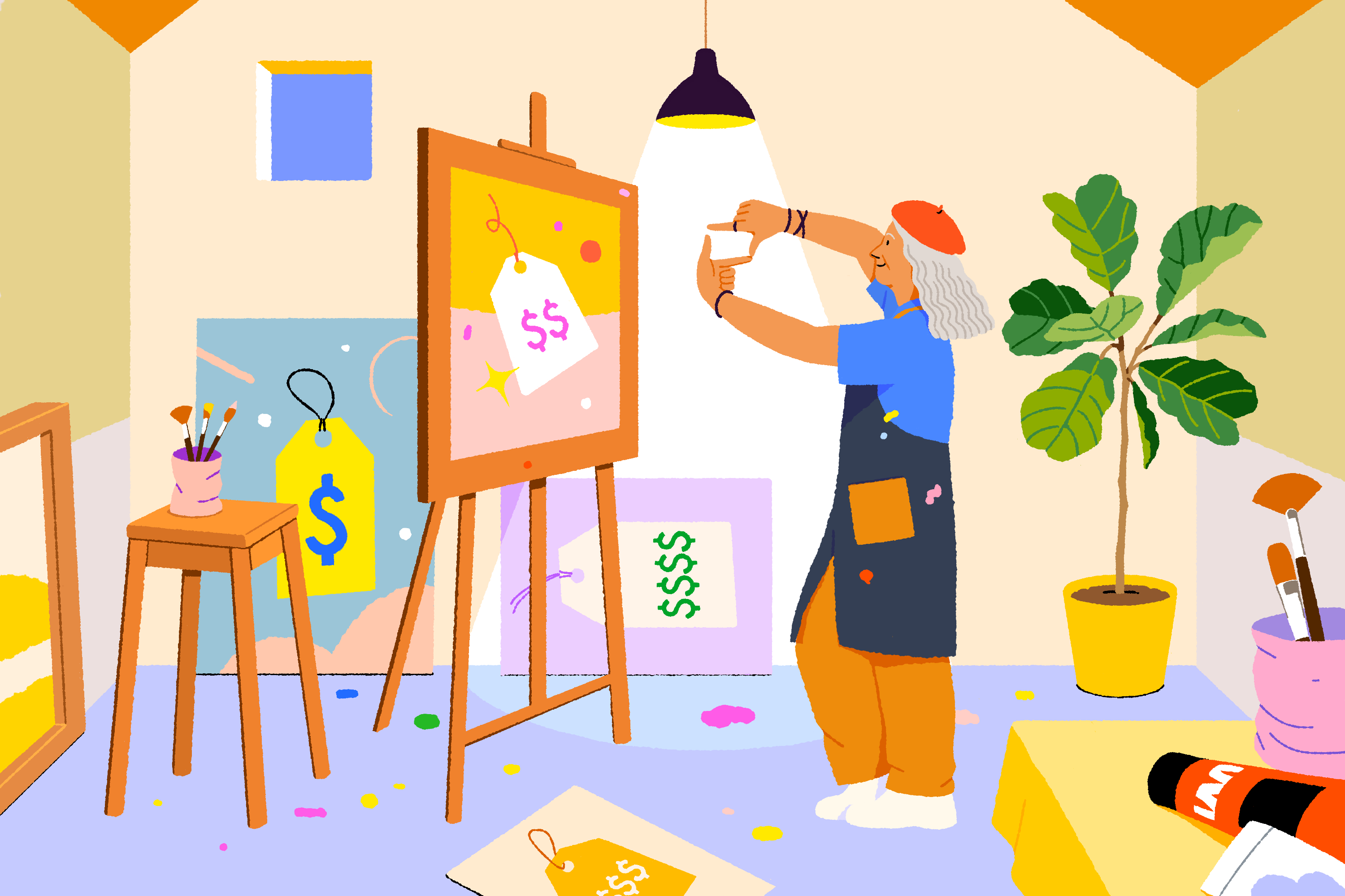 illustration of an artist painting price tags on a canvas