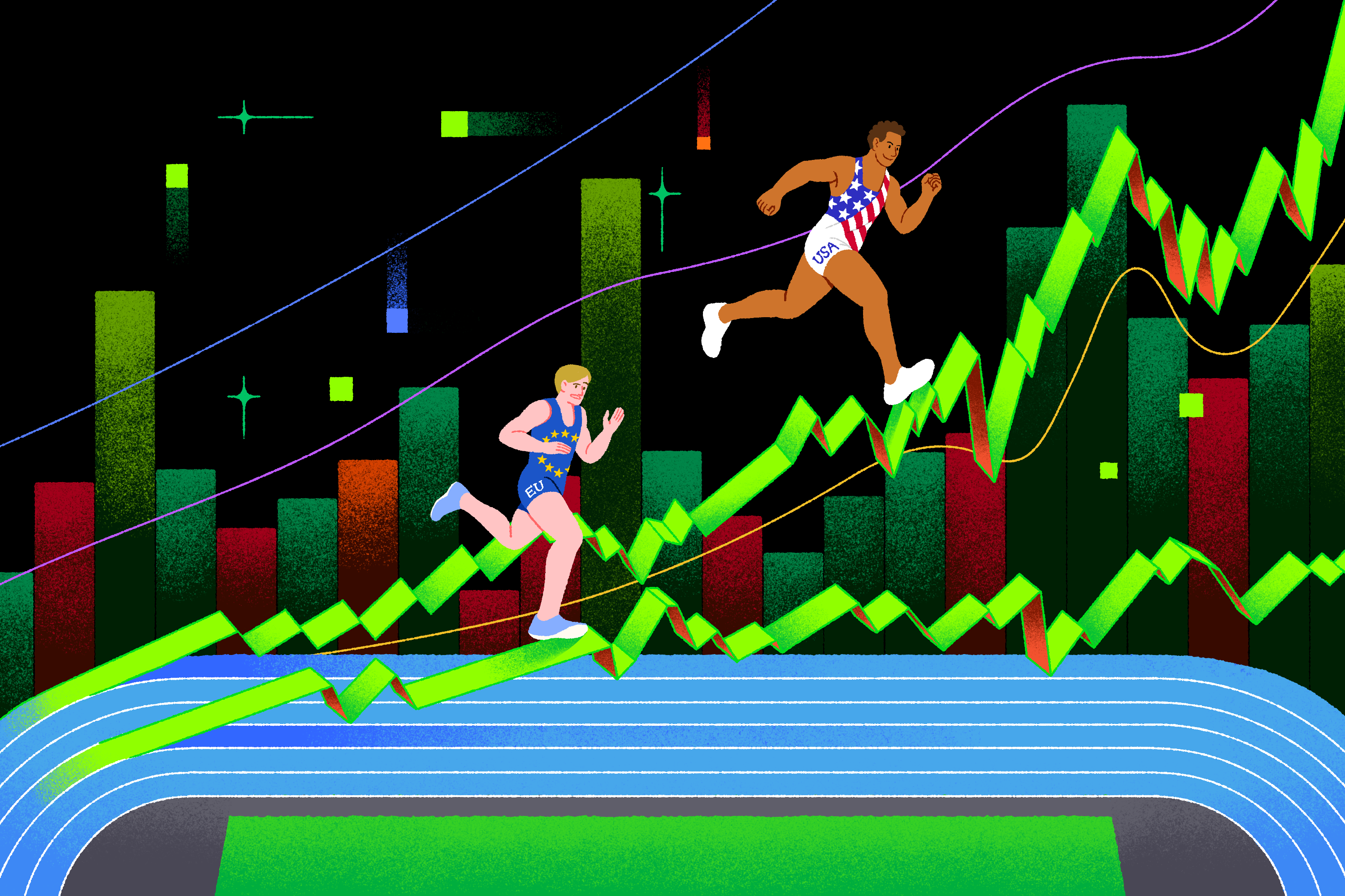 illustration of two runners running along a track with lanes reaching into the sky