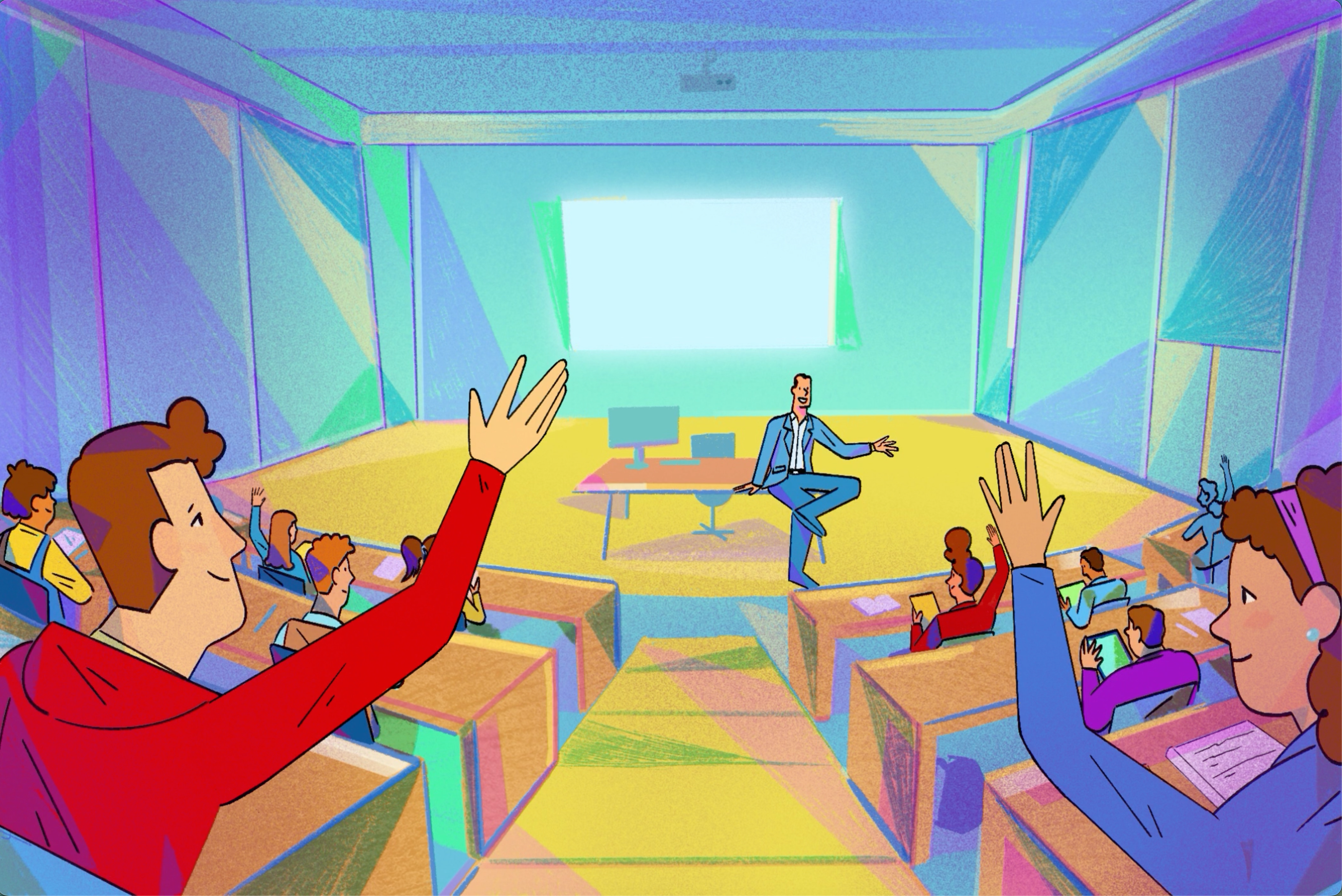 illustration of a business school classroom where both women and men are raising their hands to answer a professor's question