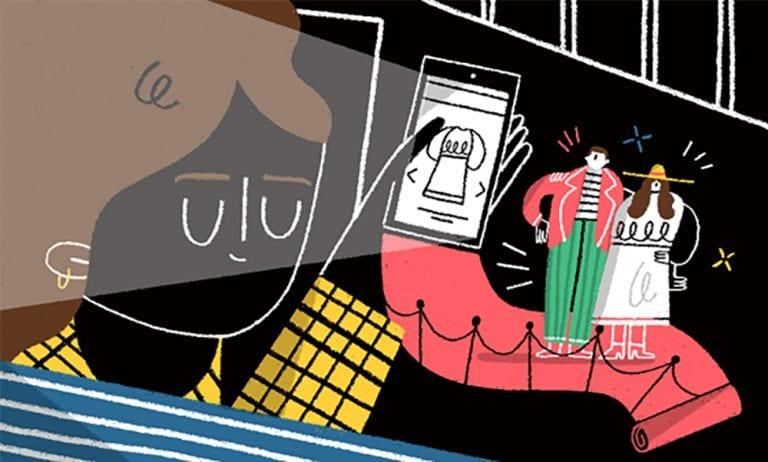 Illustration of a person with their eyes closed holding up their phone. Two other people are depicted on a red carpet on the right-hand side.
