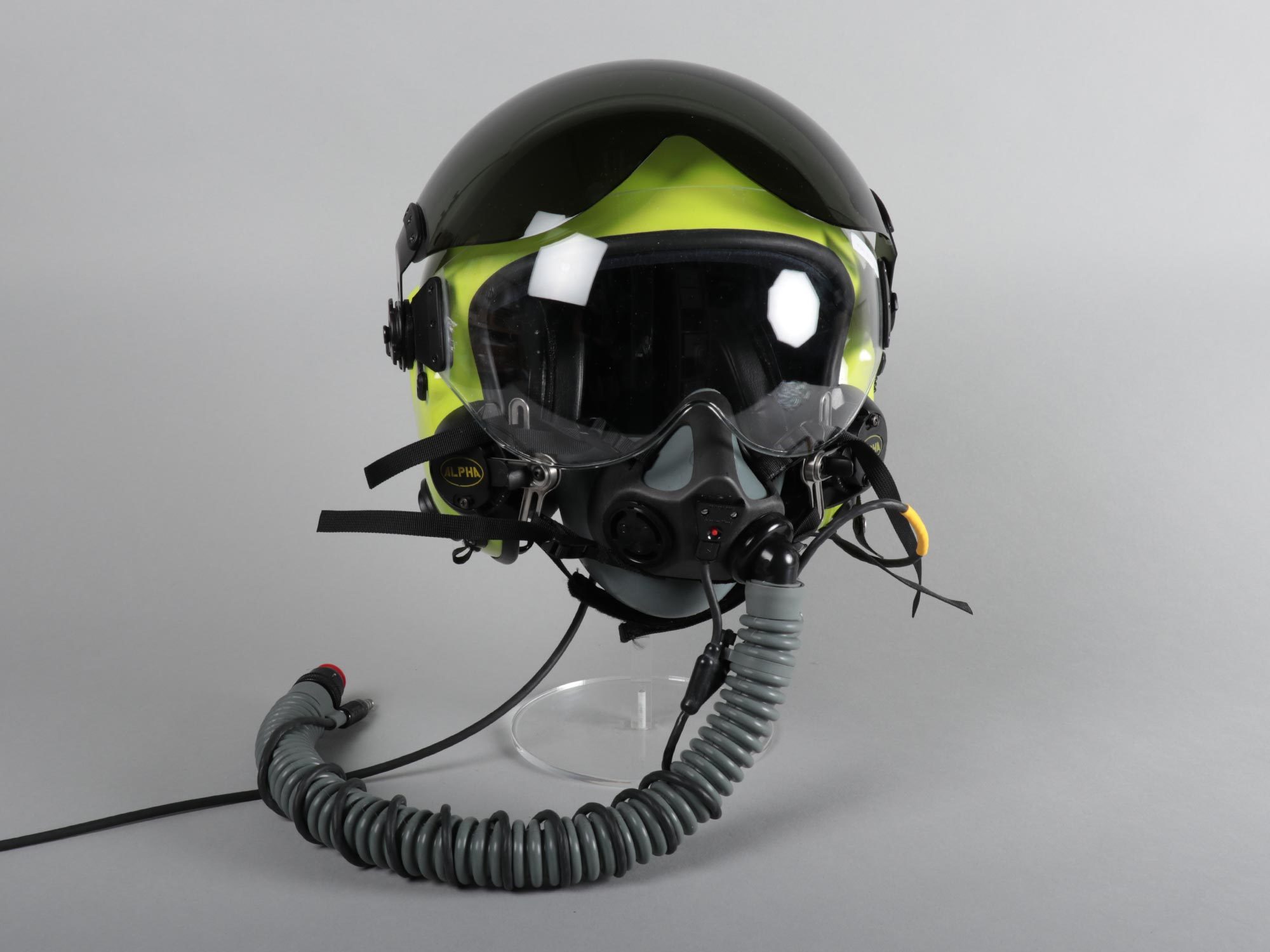 A pilot's helmet complete with oxygen mask