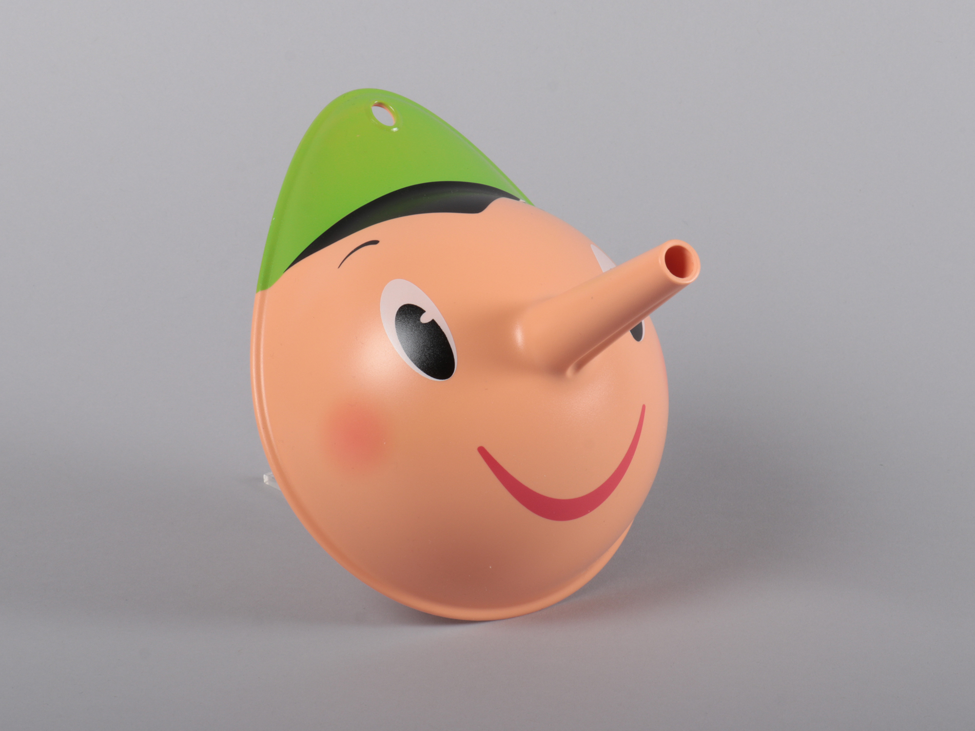 Plastic funnel designed like Pinocchio's face, with the nose forming the nozzle of the funnel.