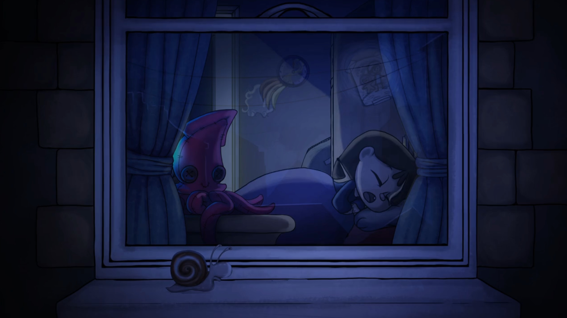 Illustration of a window from the outside looking in at a child sleeping in a bed. There's a squid teddy and a snail in the foreground