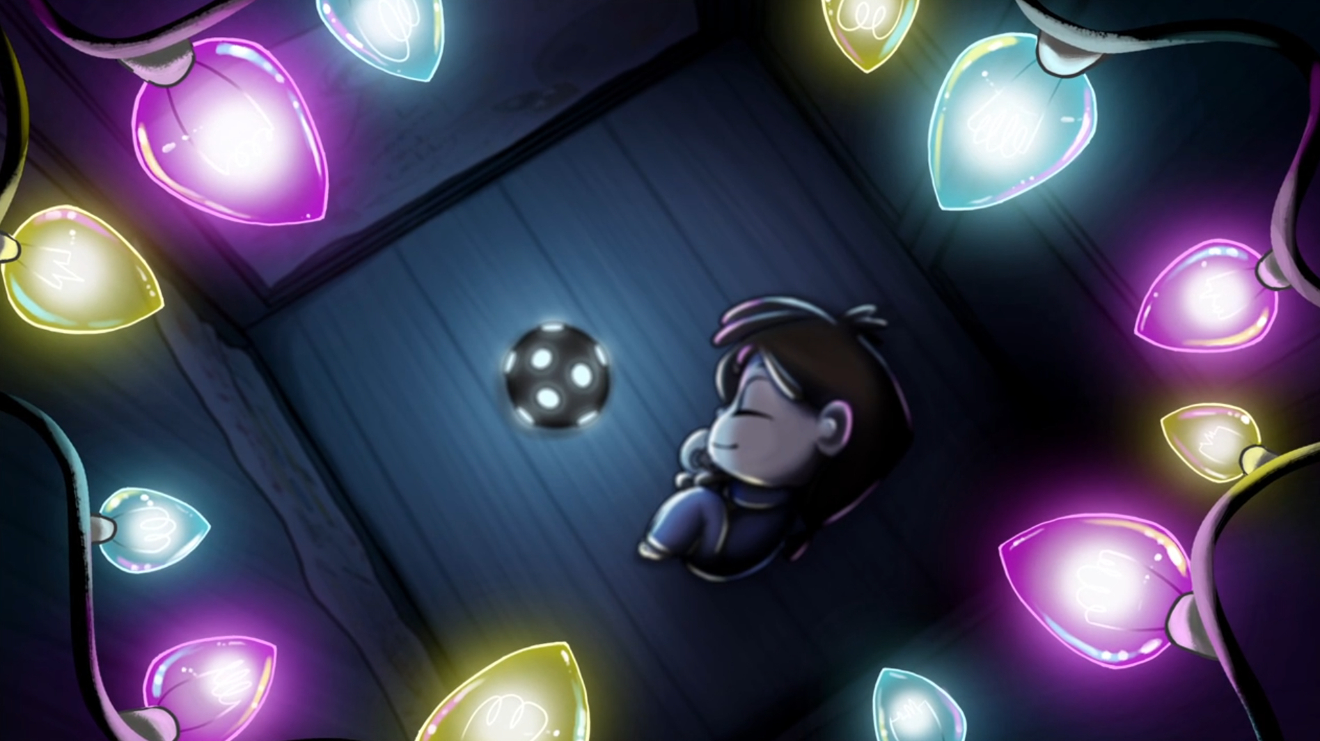 Illustration looking down at a child, curled up and sleeping on the floor with bright lightbulbs overhead