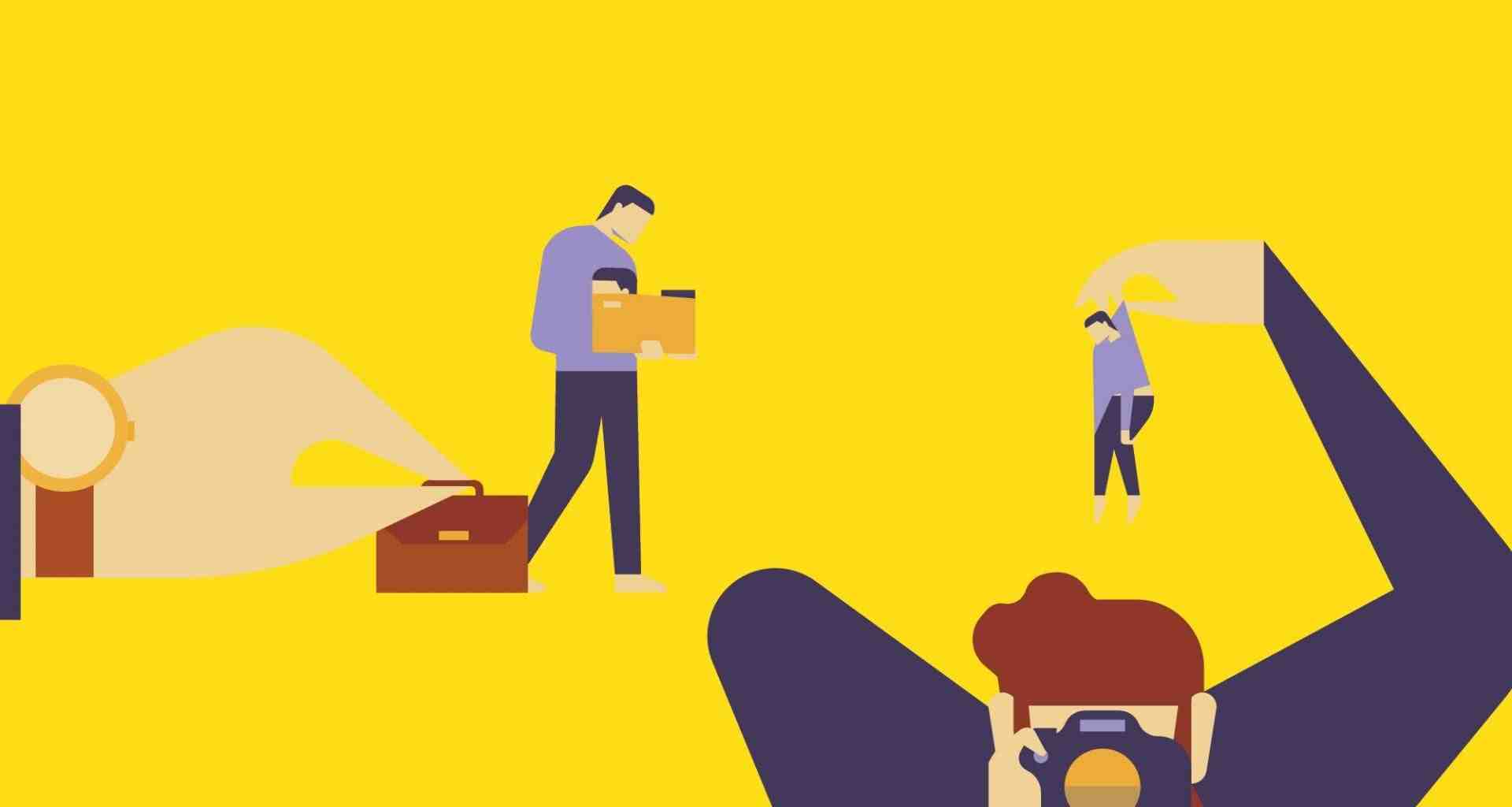 A large hand handles a small suitcase next to a person examining a folder. Another person peers through a camera and holds an even smaller person up above their head.