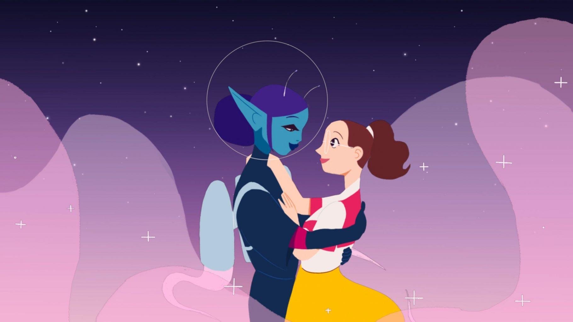 Illustration of a human female and an alien female embracing each other surrounded by a pink mist.