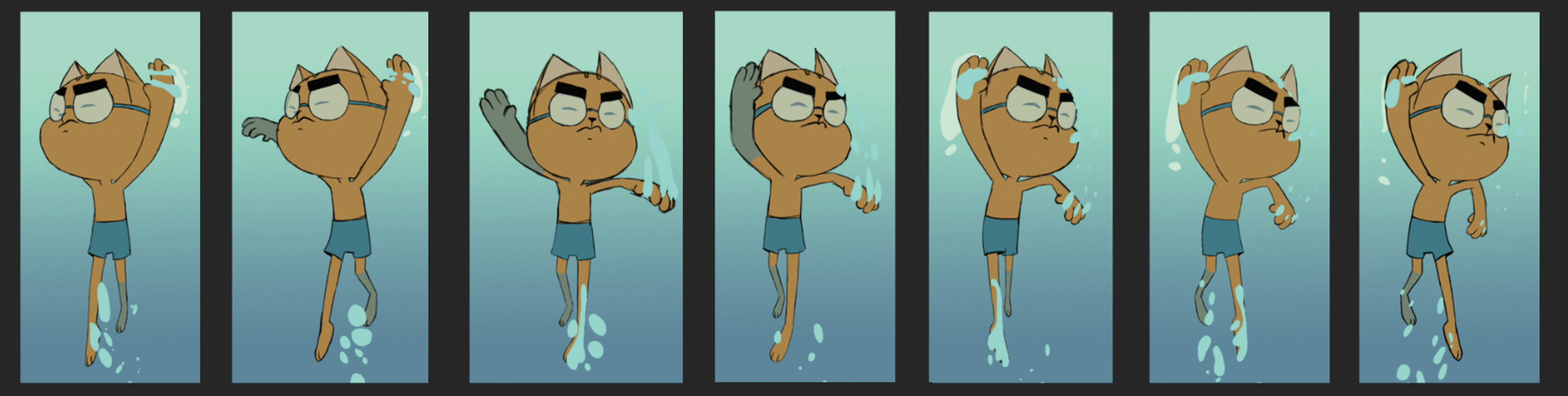 A series of seven images showing a cartoon cat swimming underwater.