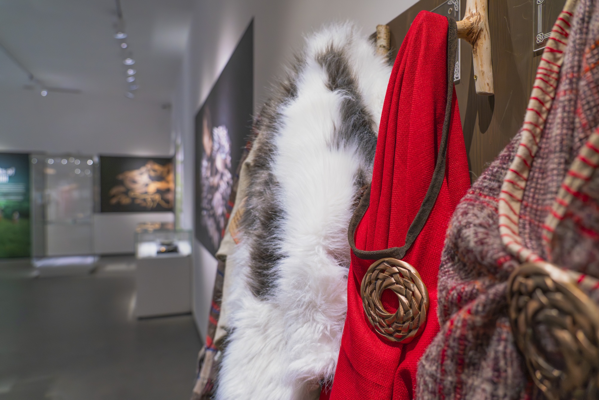 Close-up of a white and brown fluffy garment and a red woollen garment and a large Celtic-style pendant hanging on coat hooks.