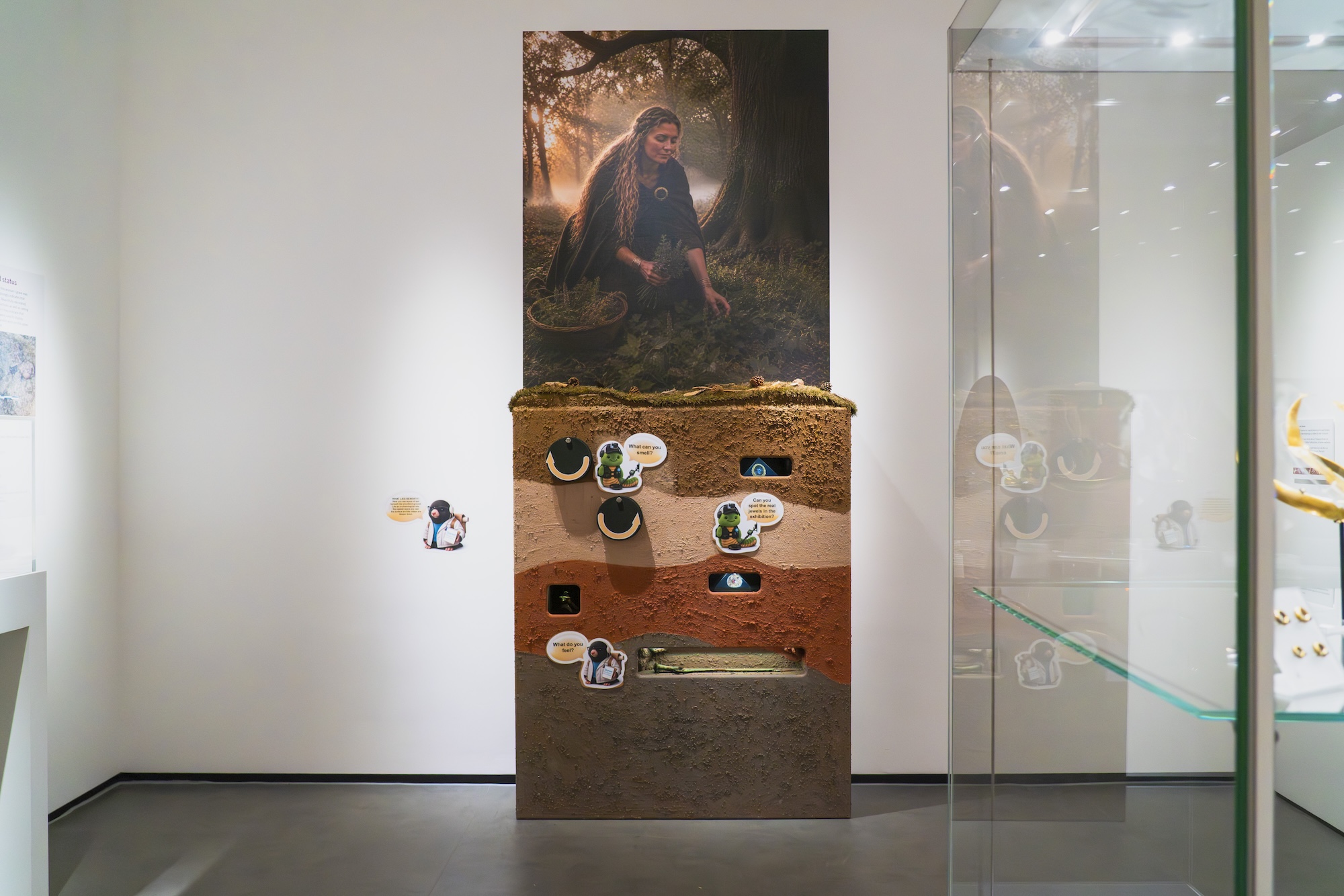 Museum exhibit showing an illustration or model of four thick layers of soil. A picture of a woman in Medieval-style clothing foraging under a tree appears above the exhibit.