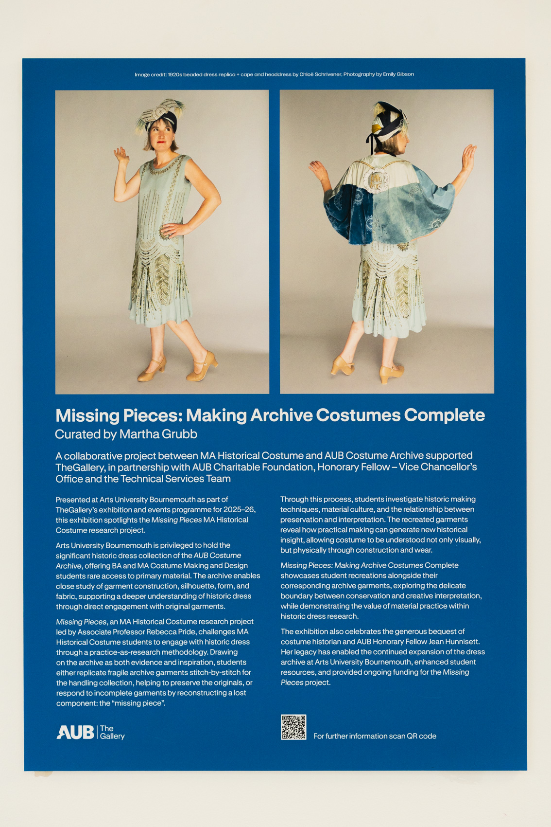 Blue display showing two shots of person in light blue flapper dress, text below explaining the exhibition.