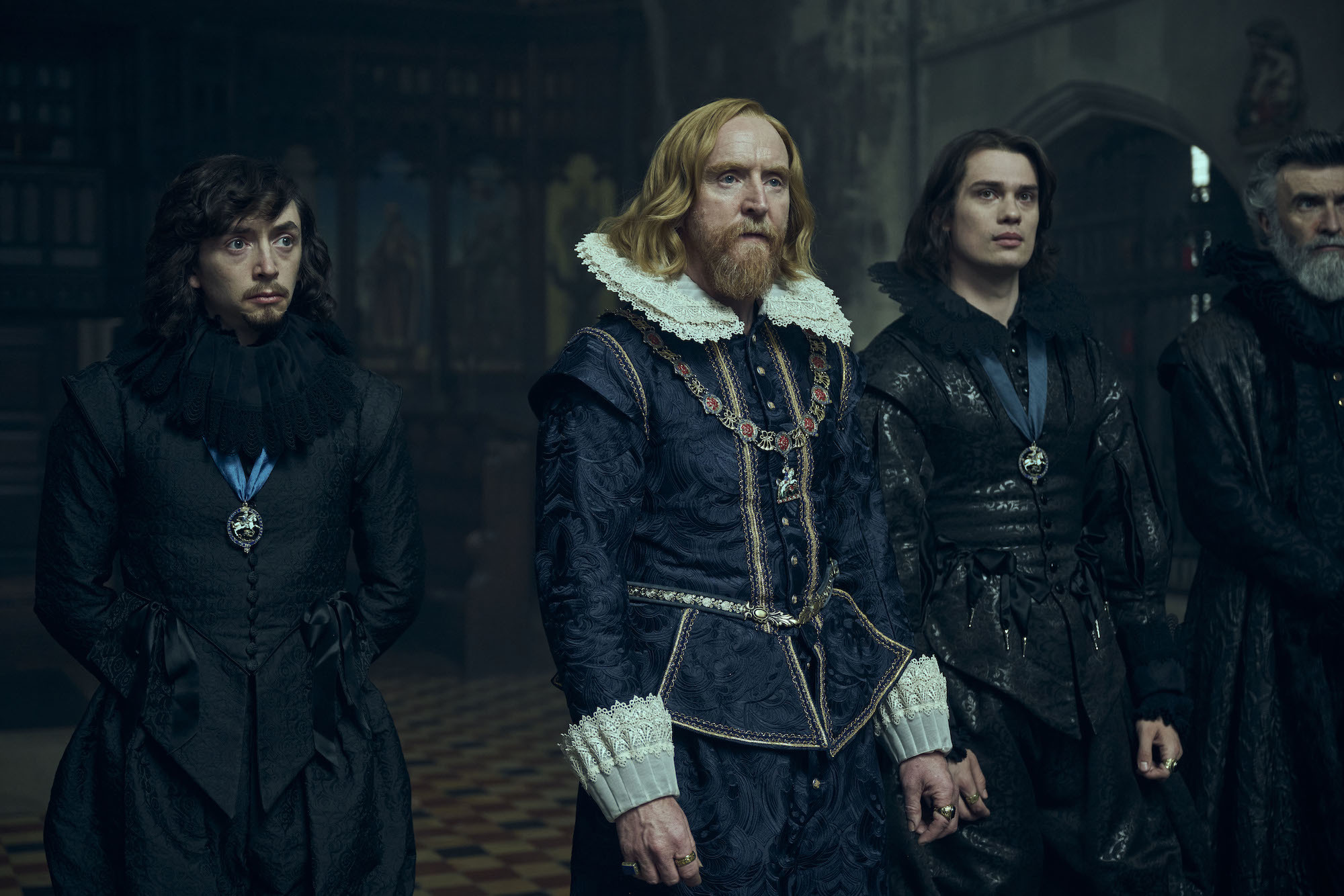 Samuel Blenkin as Prince Charles, Tony Curran as King James VI and I, Nicholas Galitzine as George Villiers and Mark O'Halloran as Sir Francis Bacon in Mary & George