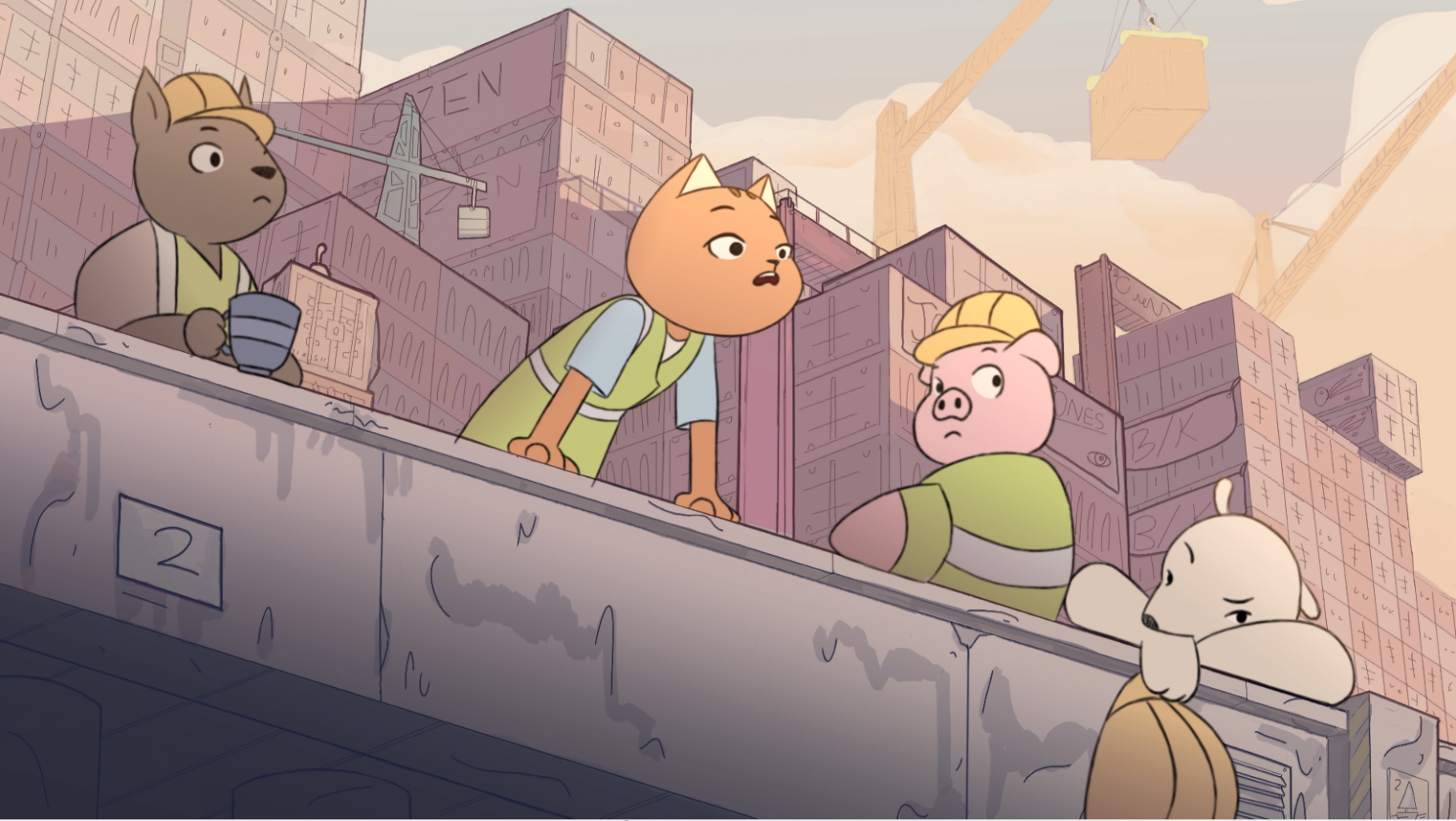 Cartoon still of a squirrel in a hi-vis jacket and hard hat, a cat in a dress, a pig in a hi-vis jacket and hardhat and a polar bear standing on a bridge.