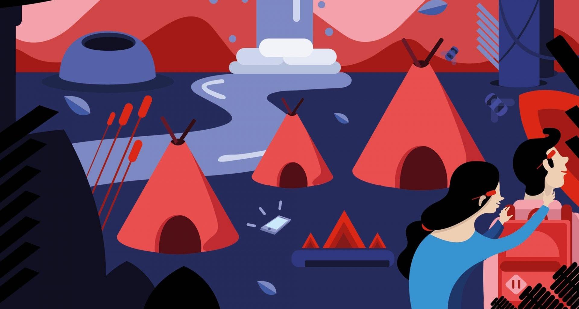Red and indigo illustration of two people and teepee tents
