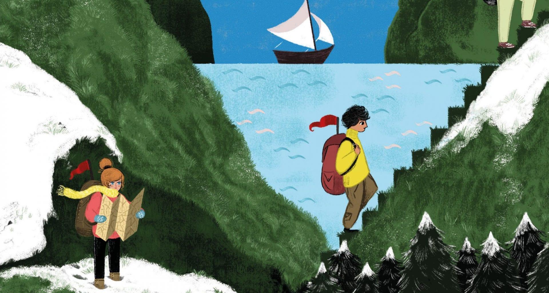 Drawing of mountains and the sea. A man wearing a red backpack walking up a mountain, whilst a women wearing a yellow scarf reading a map.