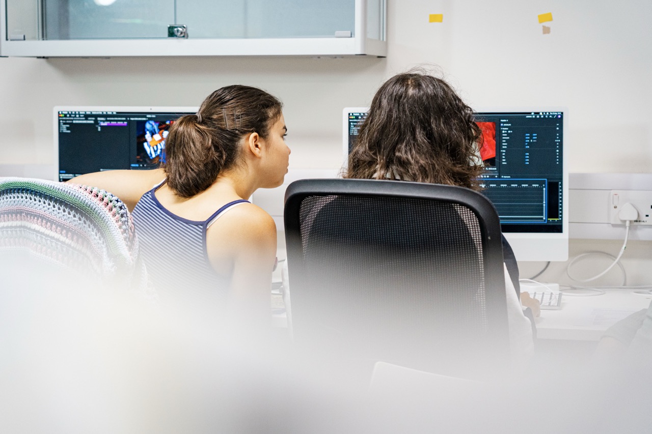 Two women sit at desktop computers in a bright office, viewed from behind, with one monitor showing a colourful medical image and the other a dark interface.