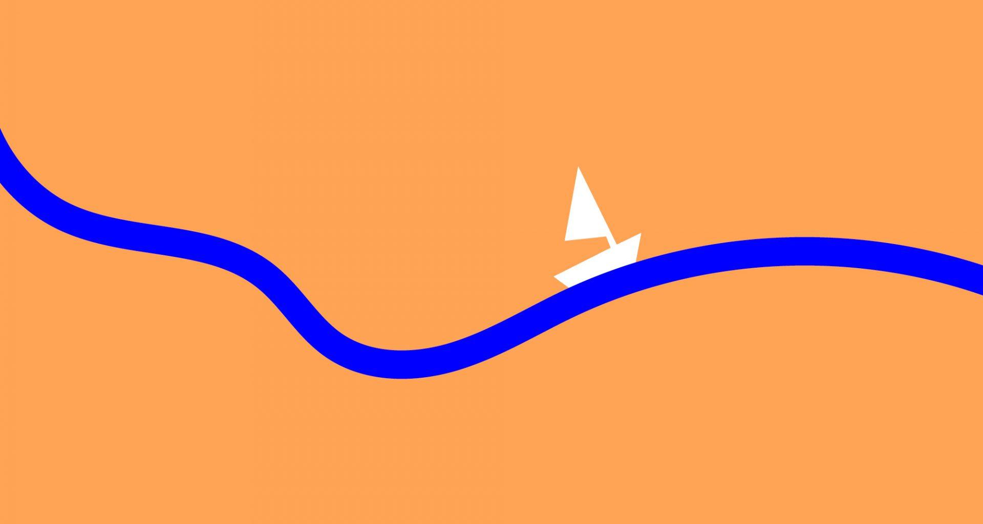 An orange graphic with a curvy blue line running across it. A little boat is floating on the blue line.