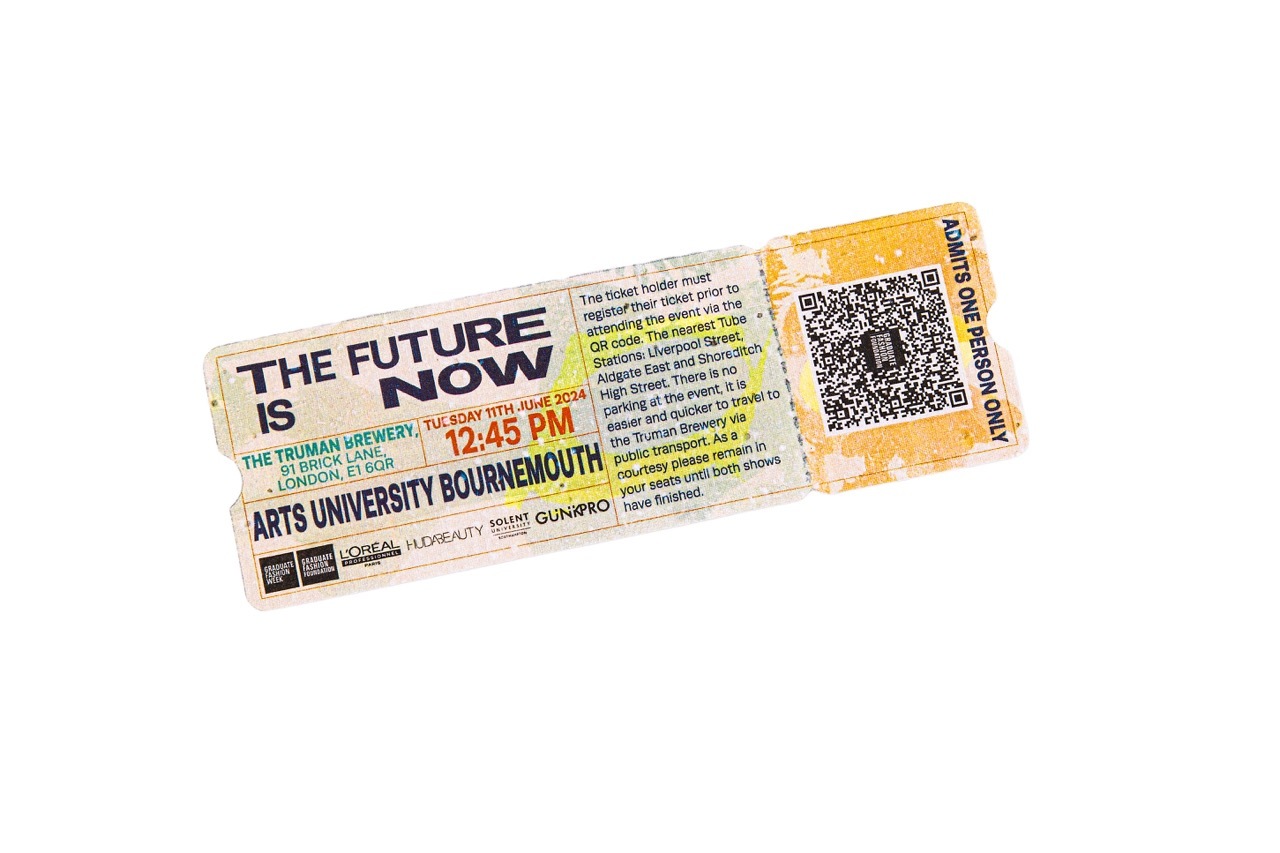 Ticket for an AUB fashion event designed by Maddie Rondel, title reads 'The Future Is Now', white background.