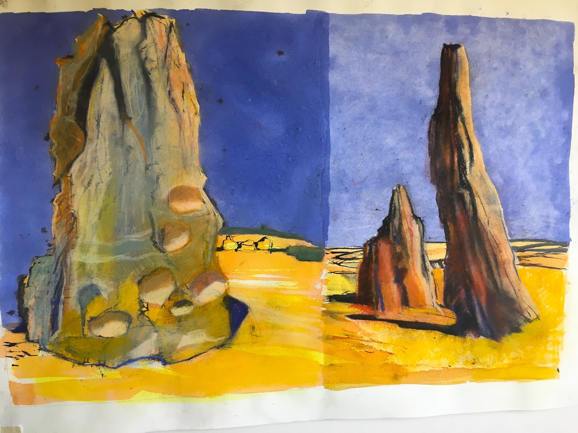 Painting of an Australian landscape with tall rock formations on yellow ground, with a blue sky in the background.