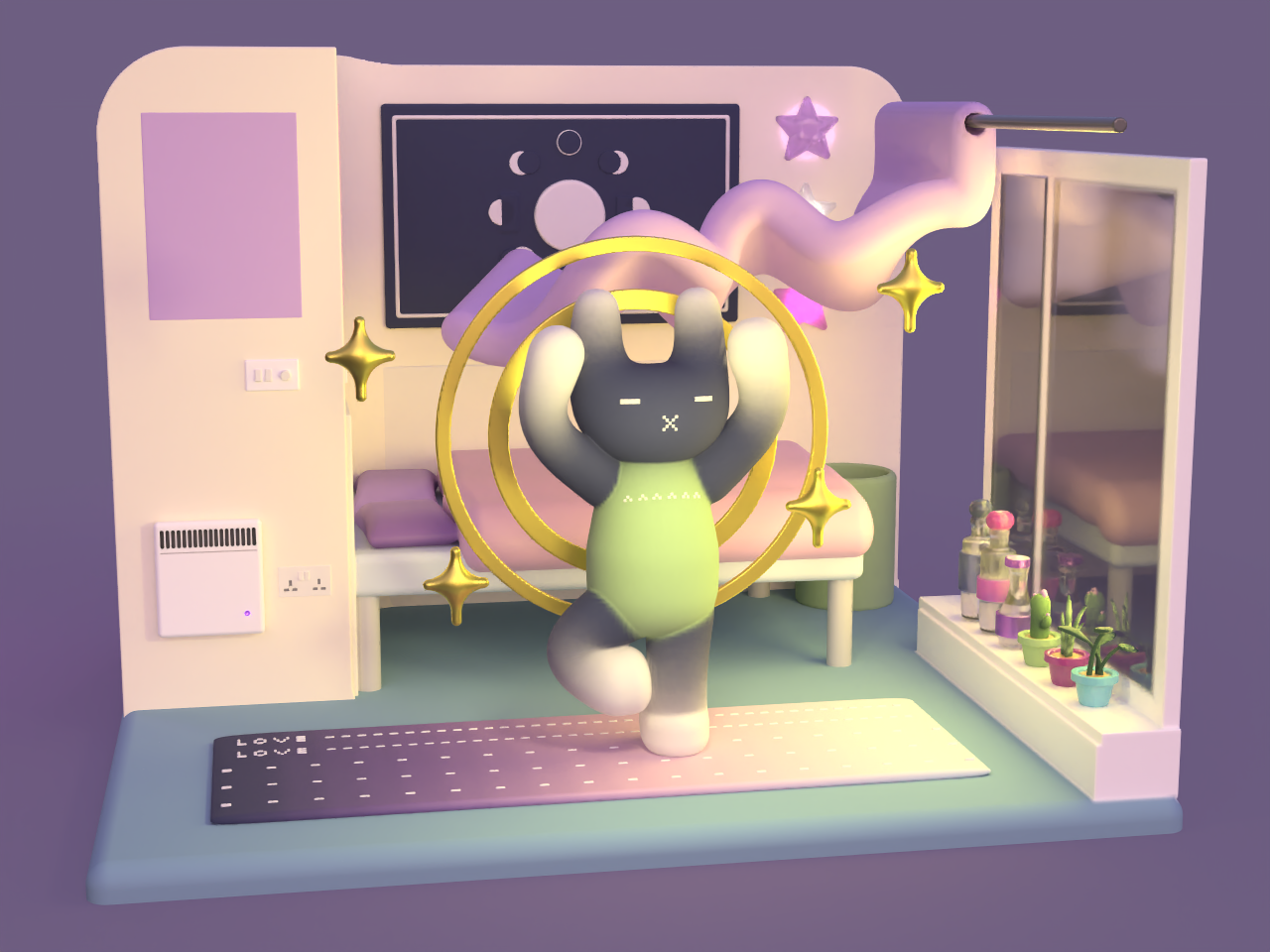 3D render of AUB campus halls with a glowing bunny character doing yoga, purple background.