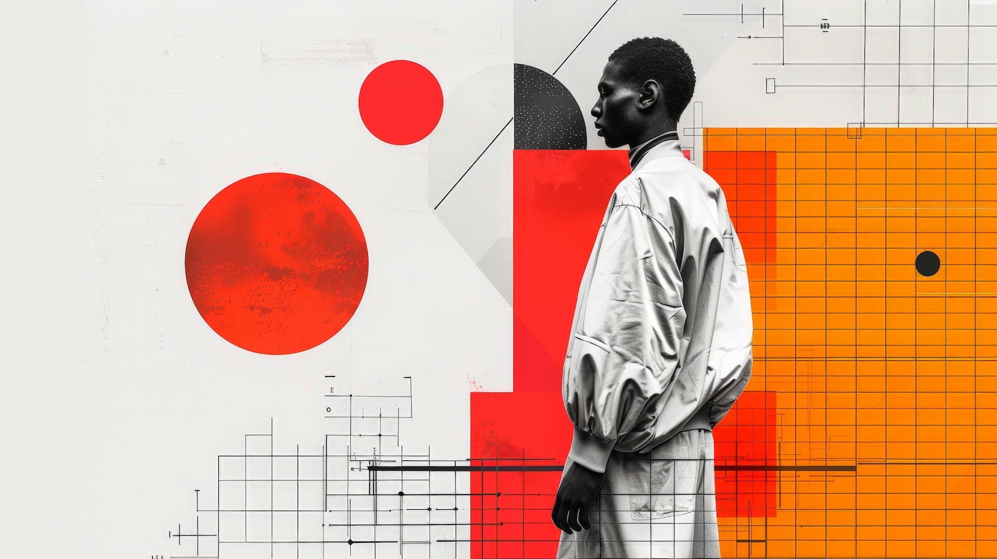 Black and white image of a young person viewed from the side, superimposed onto an abstract red and yellow geometric background.